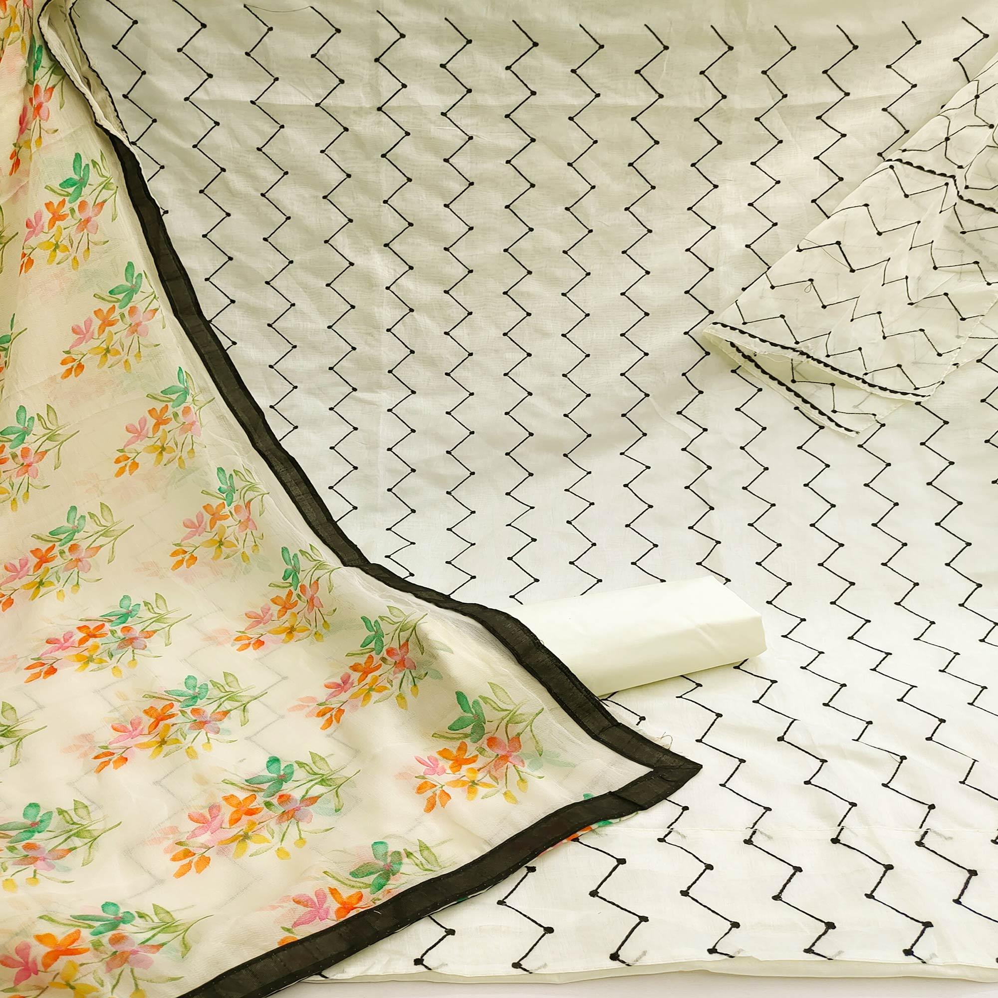 Cream Casual Wear Embroidered Chanderi Dress Material - Peachmode