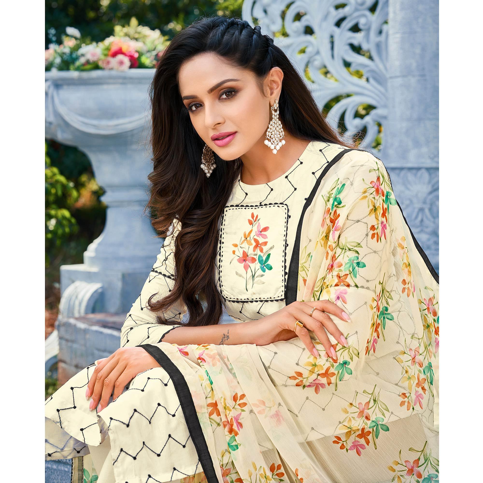 Cream Casual Wear Embroidered Chanderi Dress Material - Peachmode