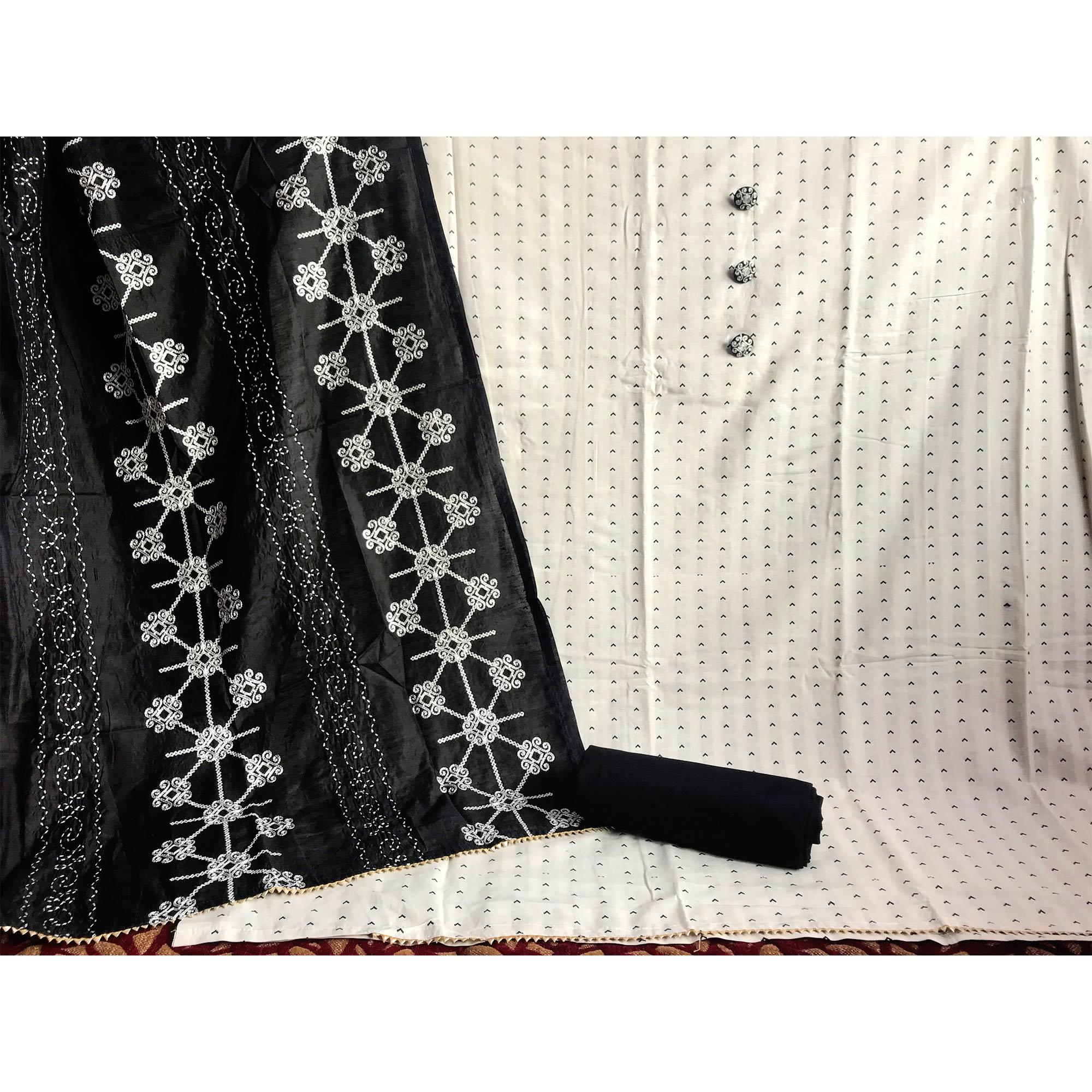 Cream Casual Wear Embroidered Cotton Dress Material - Peachmode