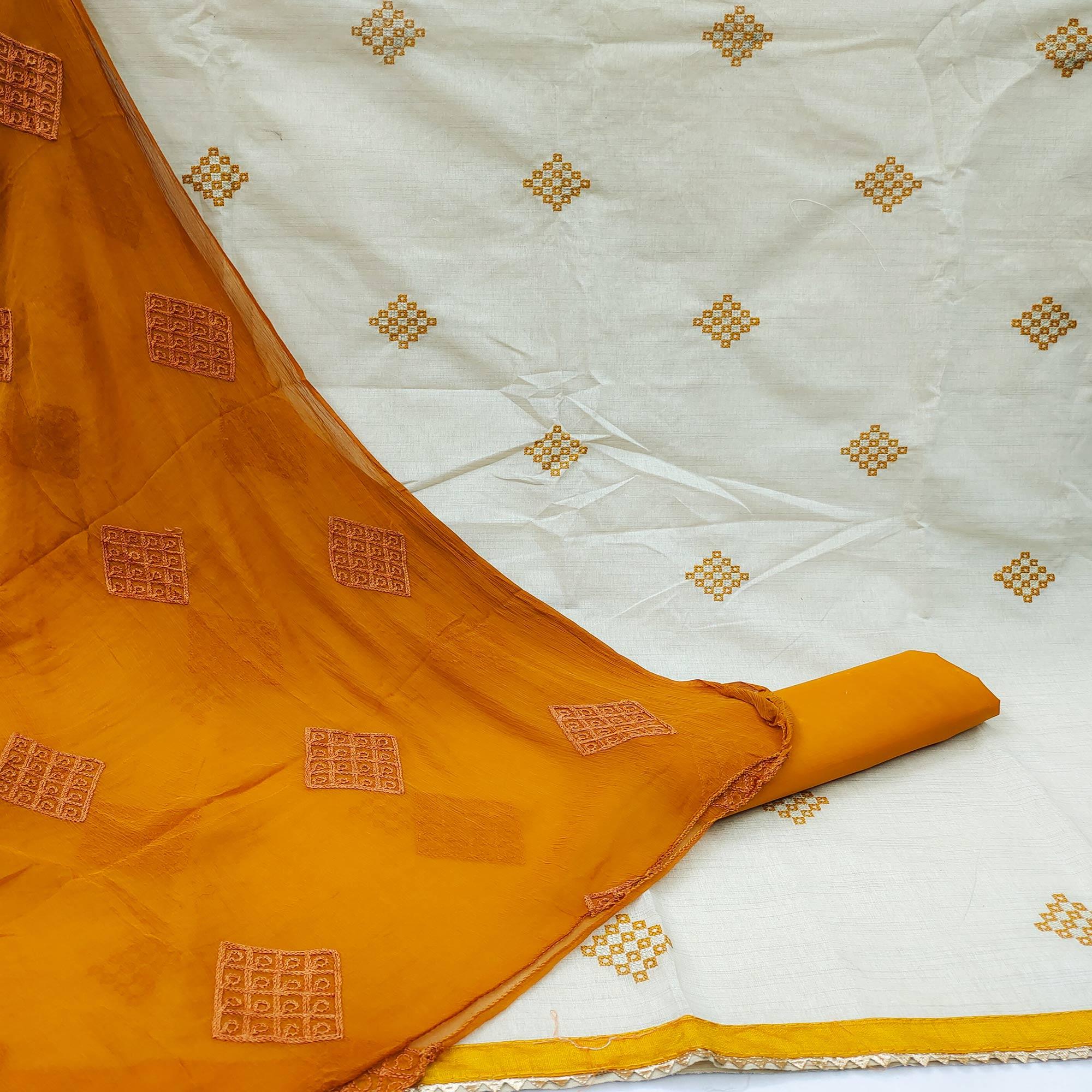 Cream Casual Wear Embroidered Cotton Dress Material - Peachmode