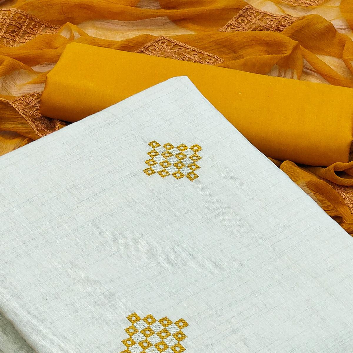 Cream Casual Wear Embroidered Cotton Dress Material - Peachmode