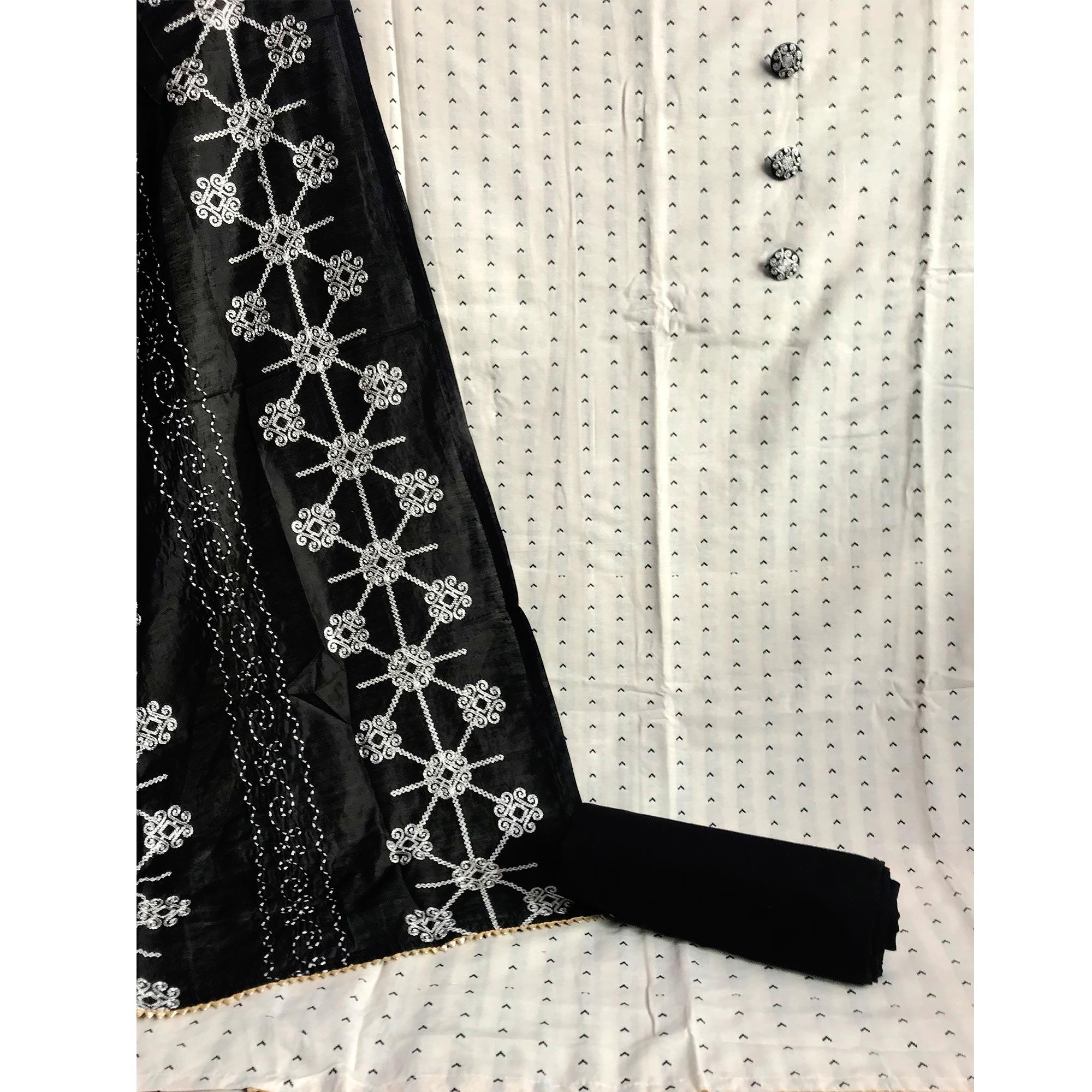 Cream Casual Wear Embroidered Cotton Dress Material - Peachmode