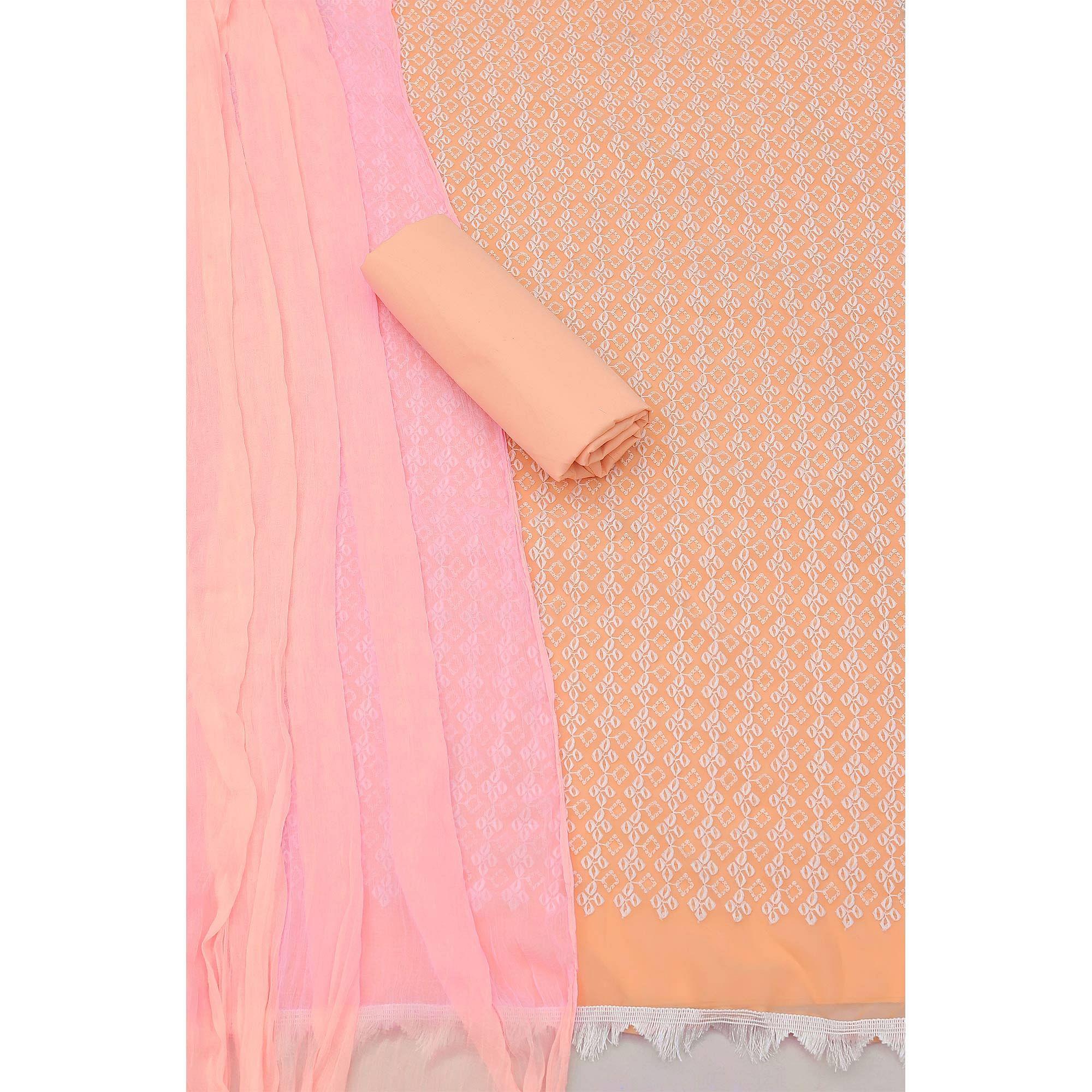 Cream Casual Wear Embroidered Georgette Dress Material - Peachmode