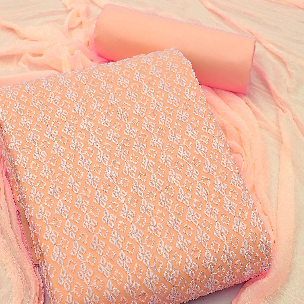 Cream Casual Wear Embroidered Georgette Dress Material - Peachmode