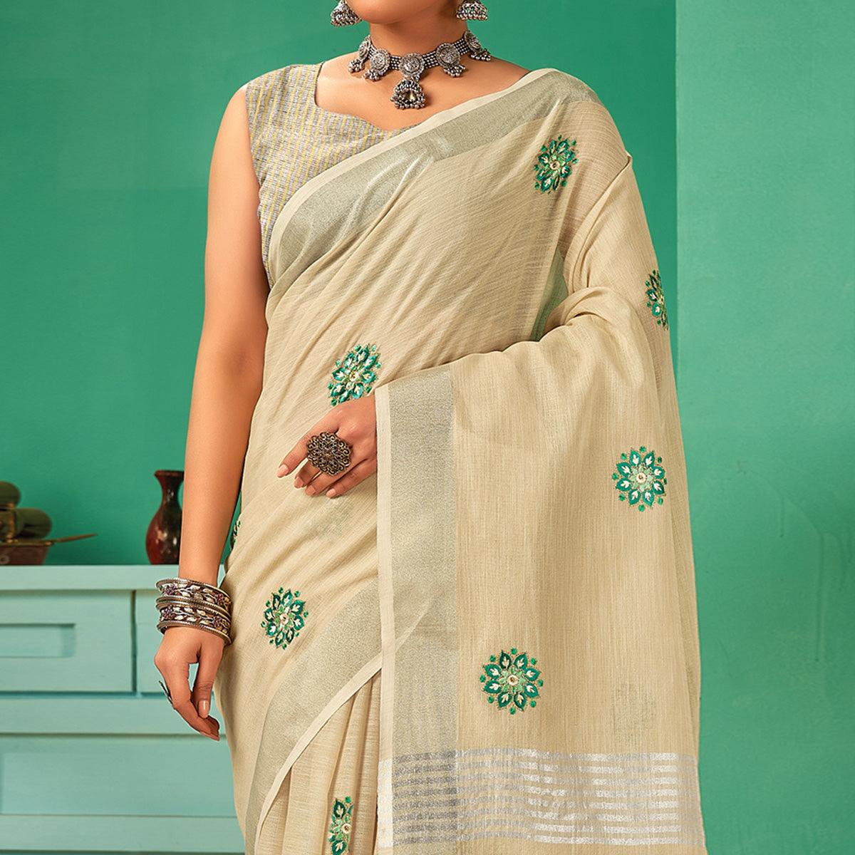 Cream Casual Wear Embroidered Linen Saree - Peachmode