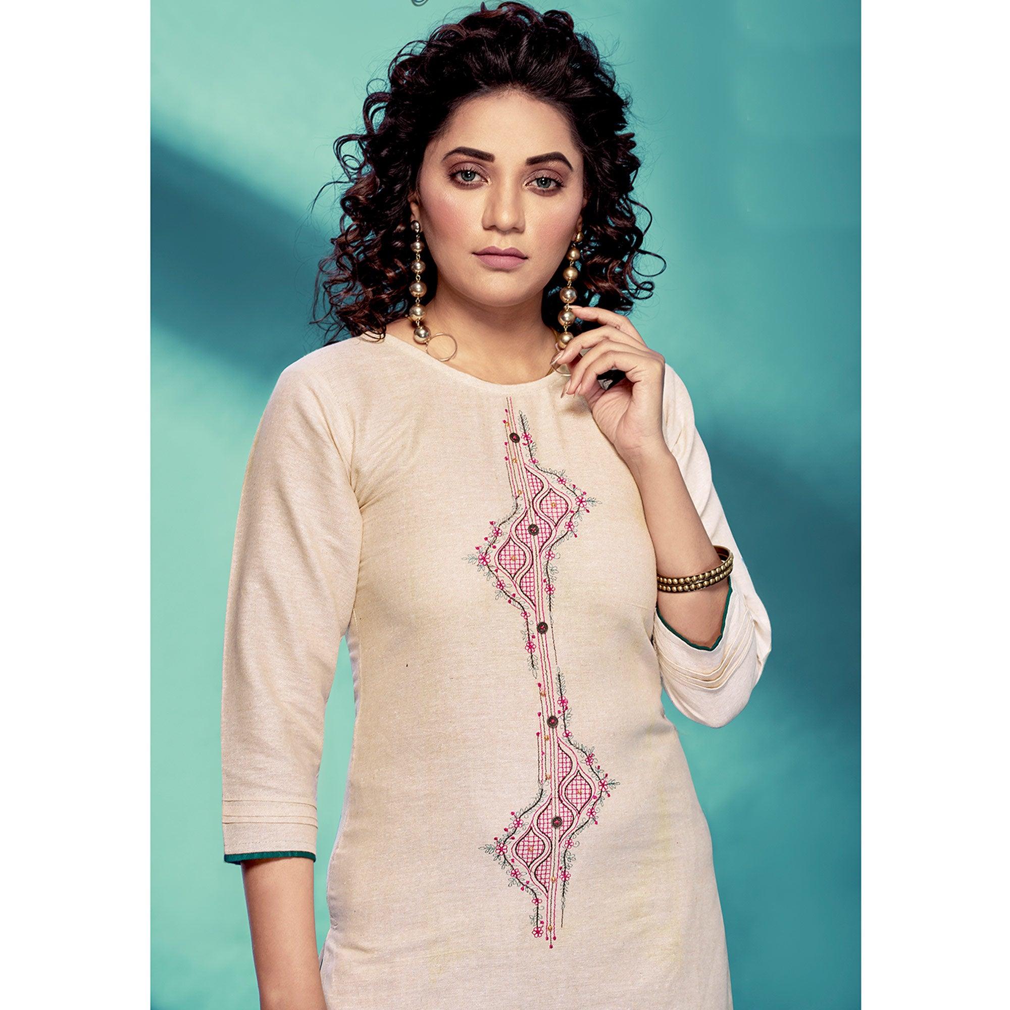 Cream Casual Wear Embroidered Pure Cotton Kurti - Peachmode