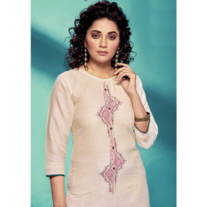 Cream Casual Wear Embroidered Pure Cotton Kurti - Peachmode