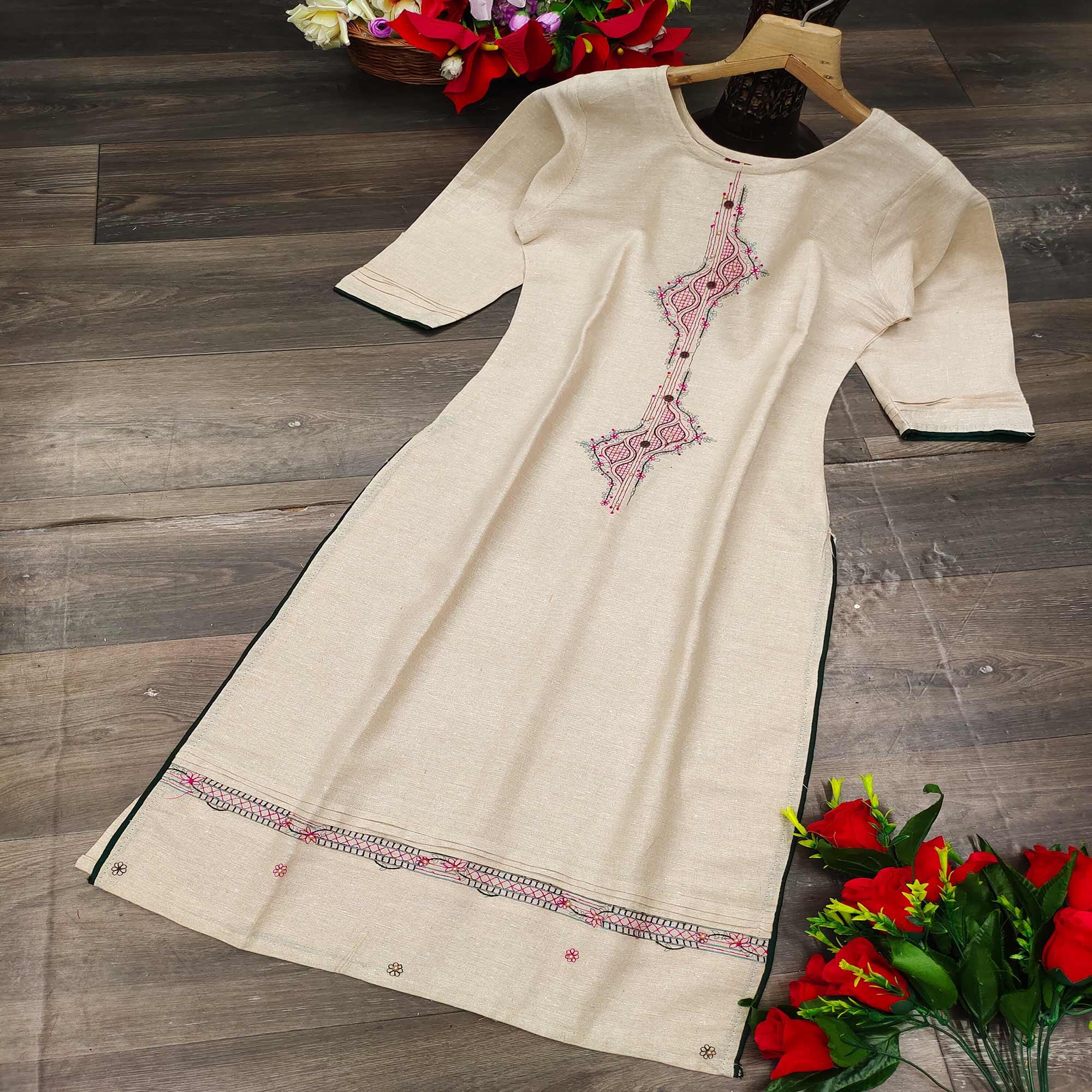 Cream Casual Wear Embroidered Pure Cotton Kurti - Peachmode