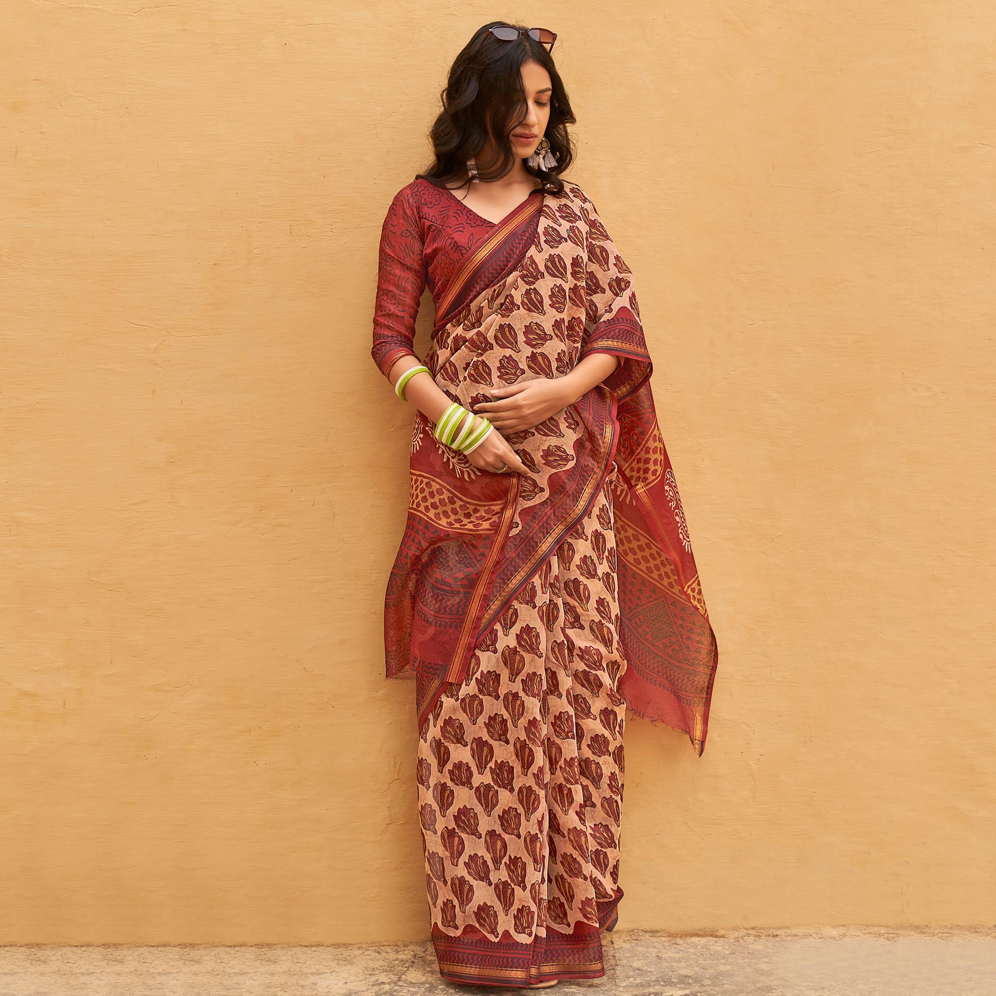 Cream Casual Wear Fancy Printed Linen Saree - Peachmode