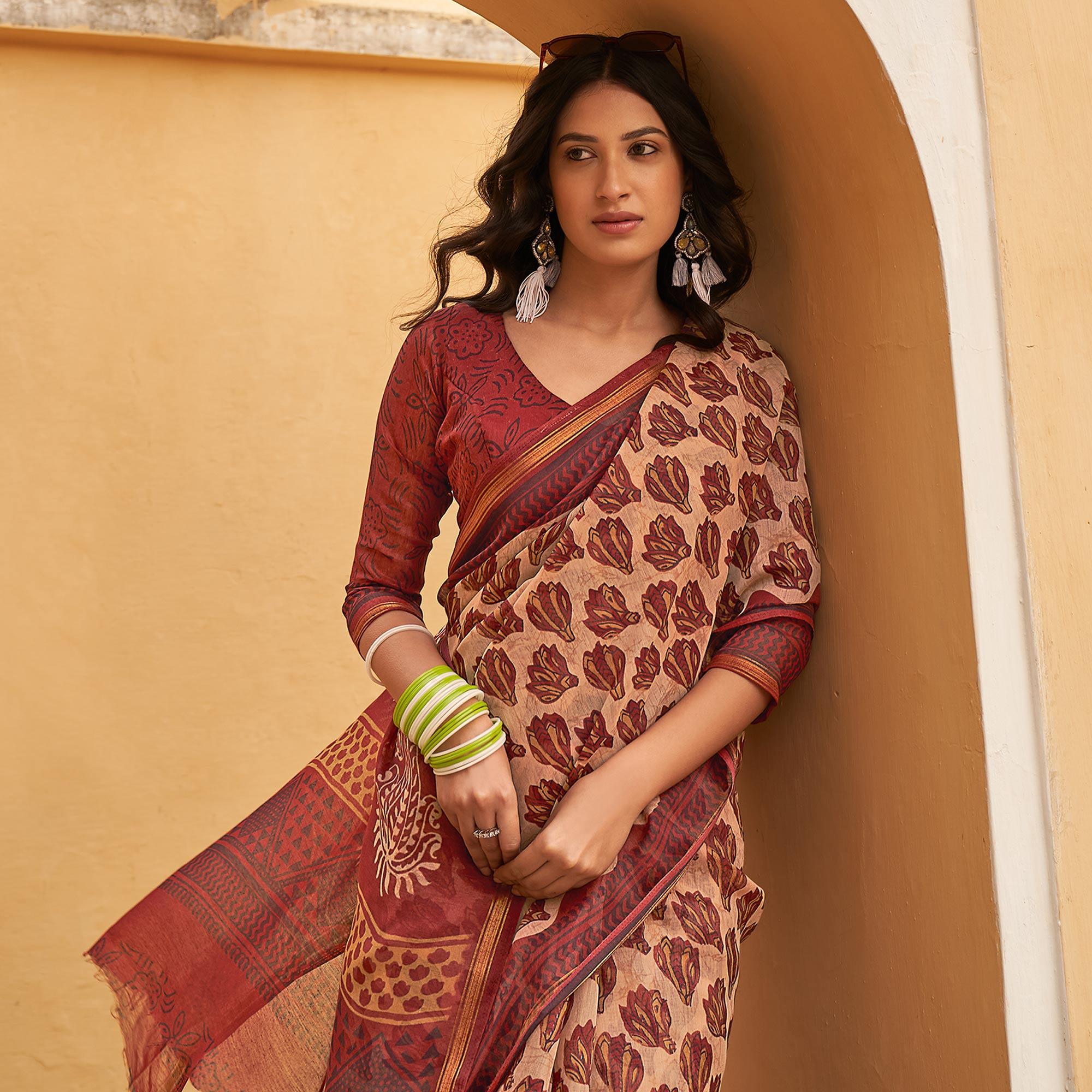 Cream Casual Wear Fancy Printed Linen Saree - Peachmode