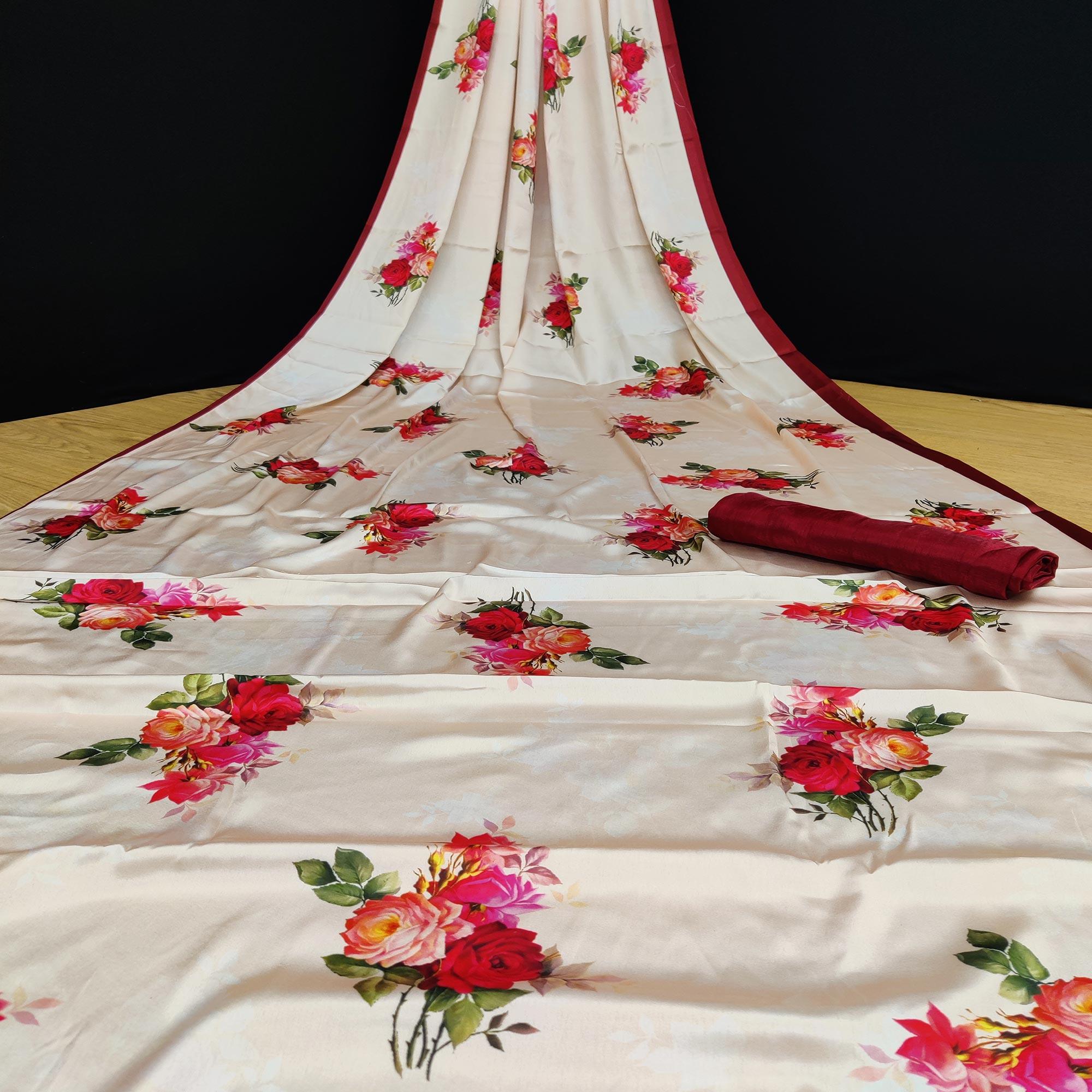 Cream Casual Wear Floral Digital Printed Satin Saree - Peachmode