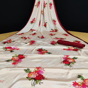 Cream Casual Wear Floral Digital Printed Satin Saree - Peachmode