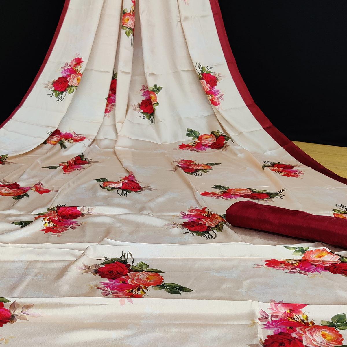 Cream Casual Wear Floral Digital Printed Satin Saree - Peachmode