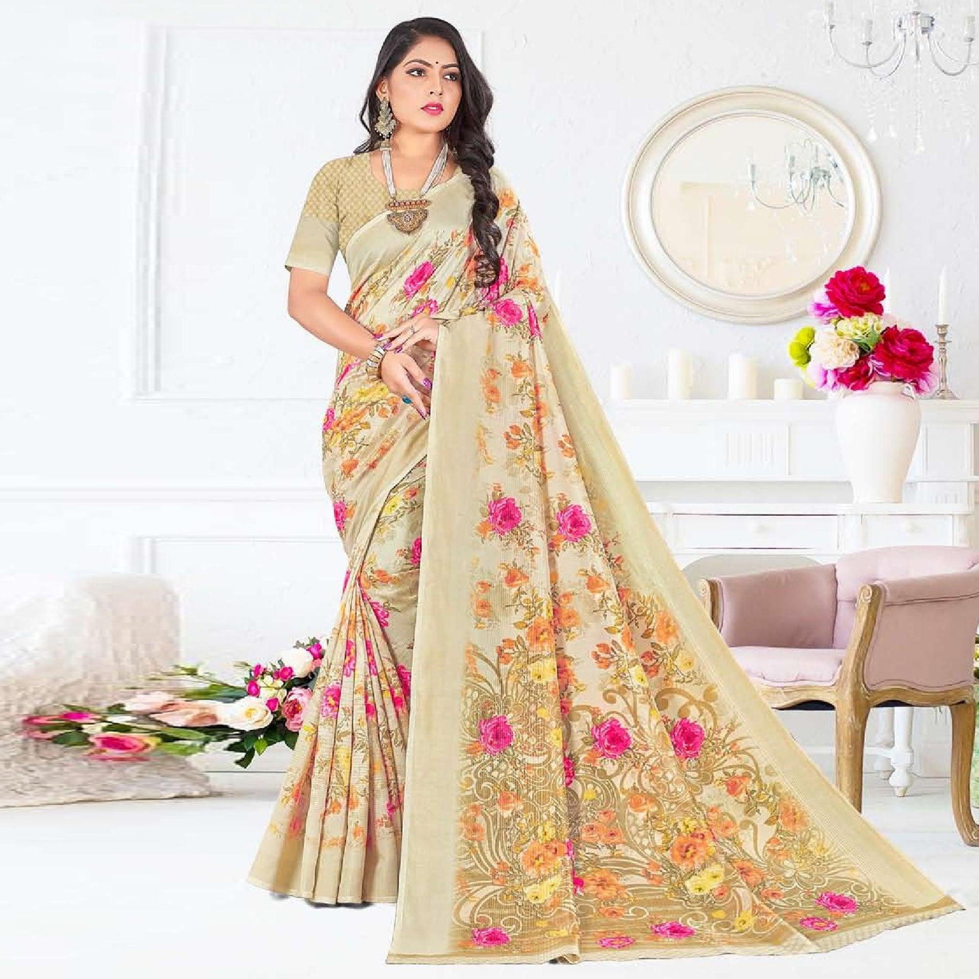 Cream Casual Wear Floral Digital Printed Soft Silk Saree - Peachmode