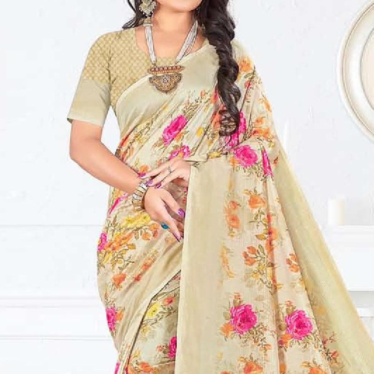 Cream Casual Wear Floral Digital Printed Soft Silk Saree - Peachmode