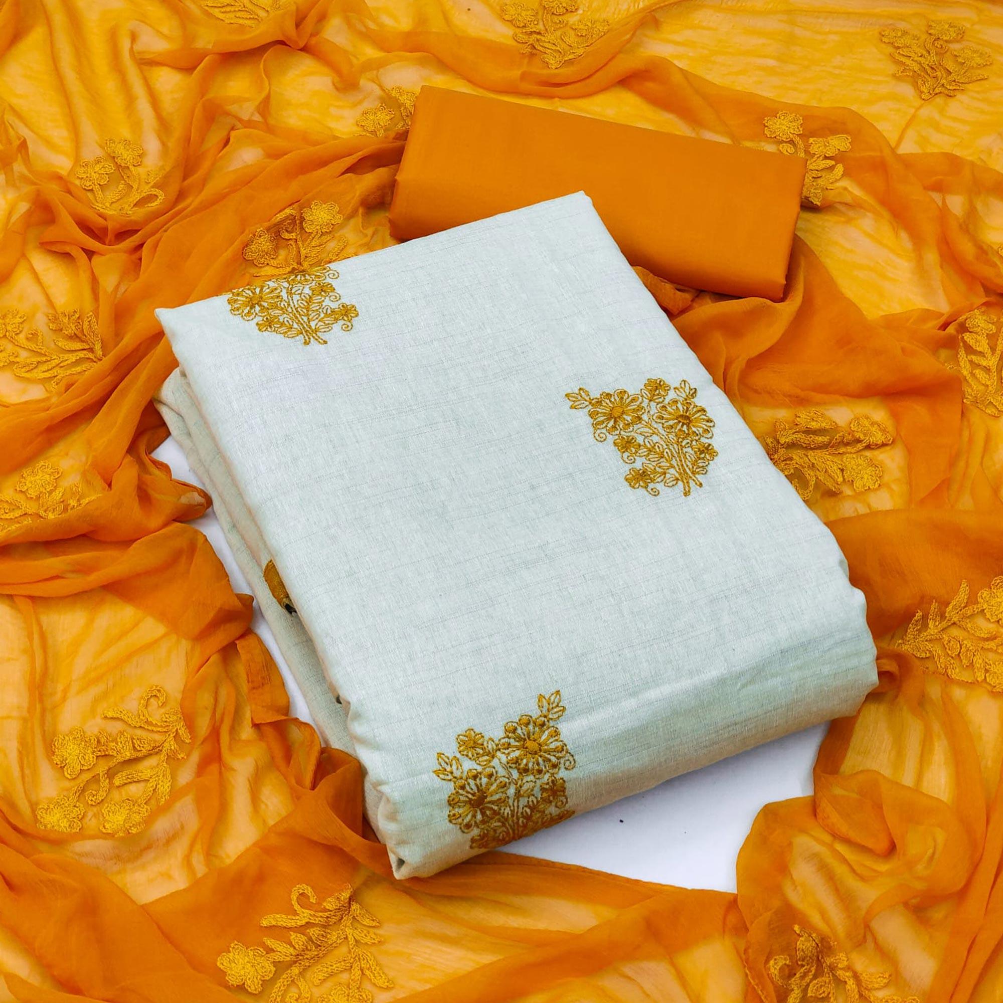Cream Casual Wear Floral Embroidered Khadi Cotton Dress Material - Peachmode