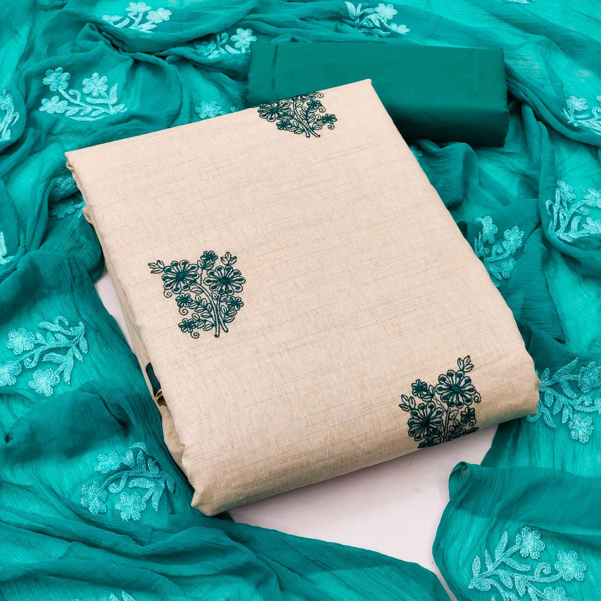 Cream Casual Wear Floral Embroidered Khadi Cotton Dress Material - Peachmode