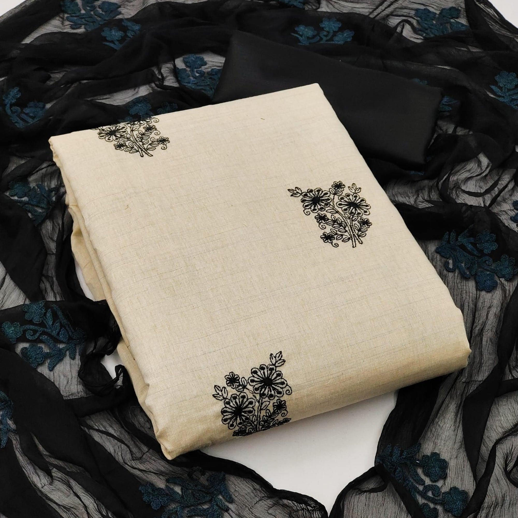 Cream Casual Wear Floral Embroidered Khadi Cotton Dress Material - Peachmode