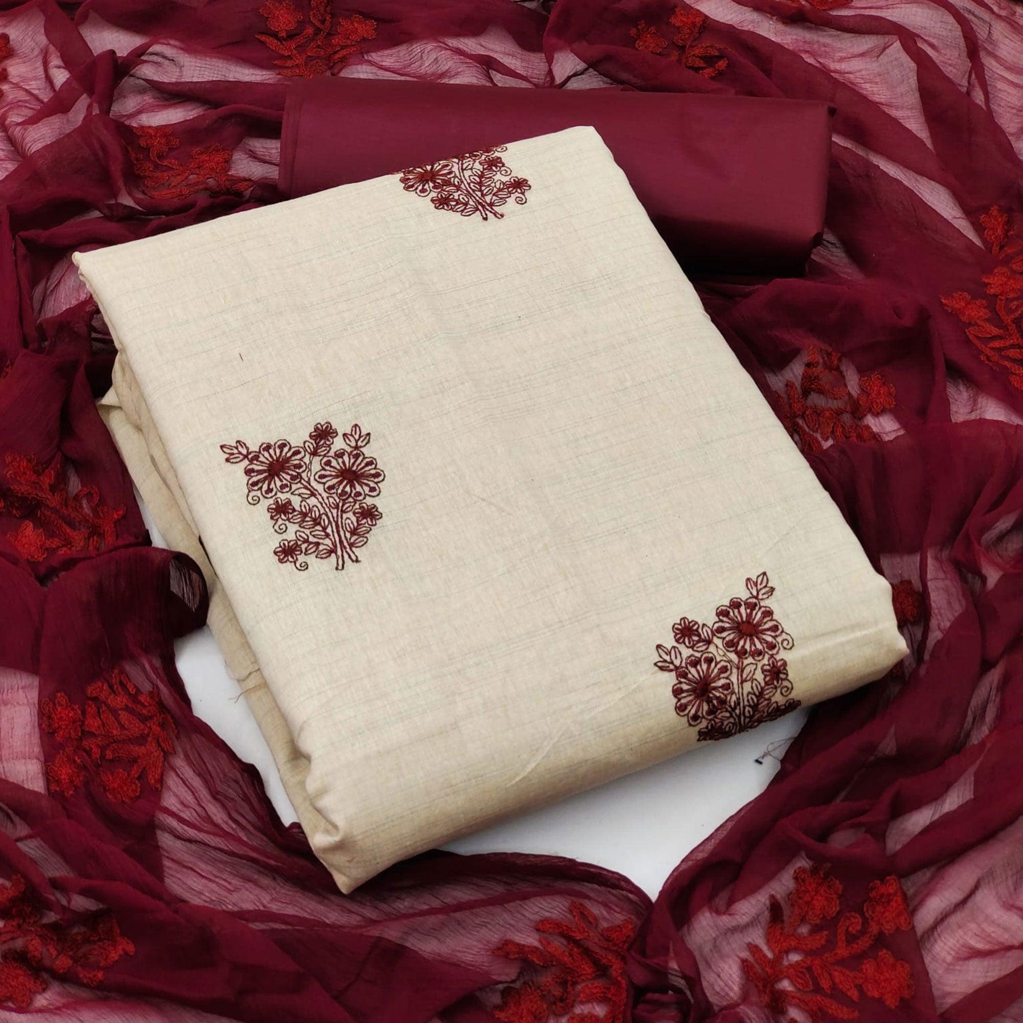 Cream Casual Wear Floral Embroidered Khadi Cotton Dress Material - Peachmode