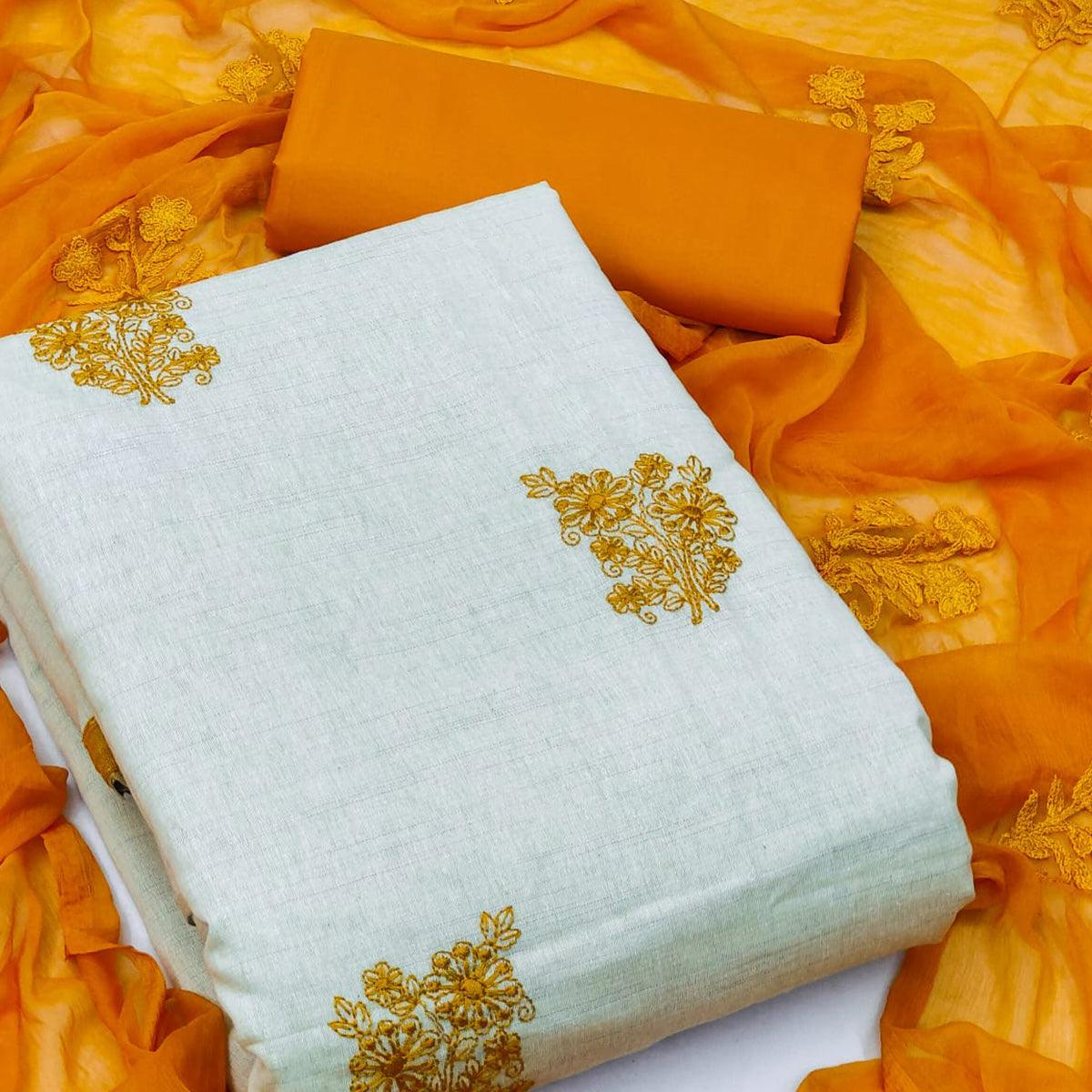 Cream Casual Wear Floral Embroidered Khadi Cotton Dress Material - Peachmode