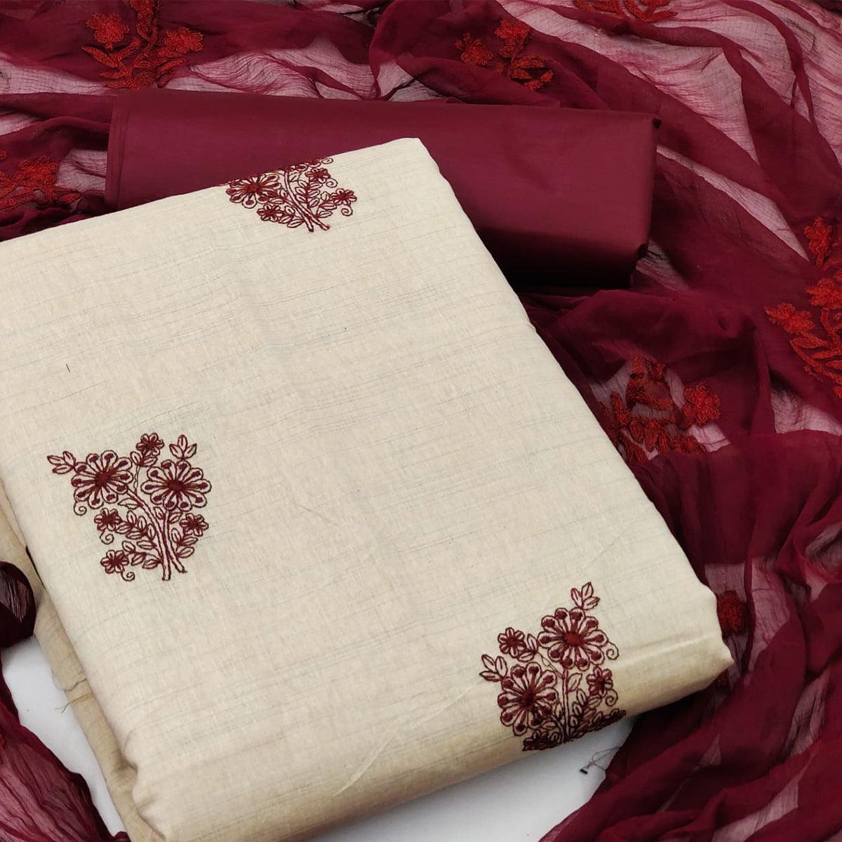 Cream Casual Wear Floral Embroidered Khadi Cotton Dress Material - Peachmode