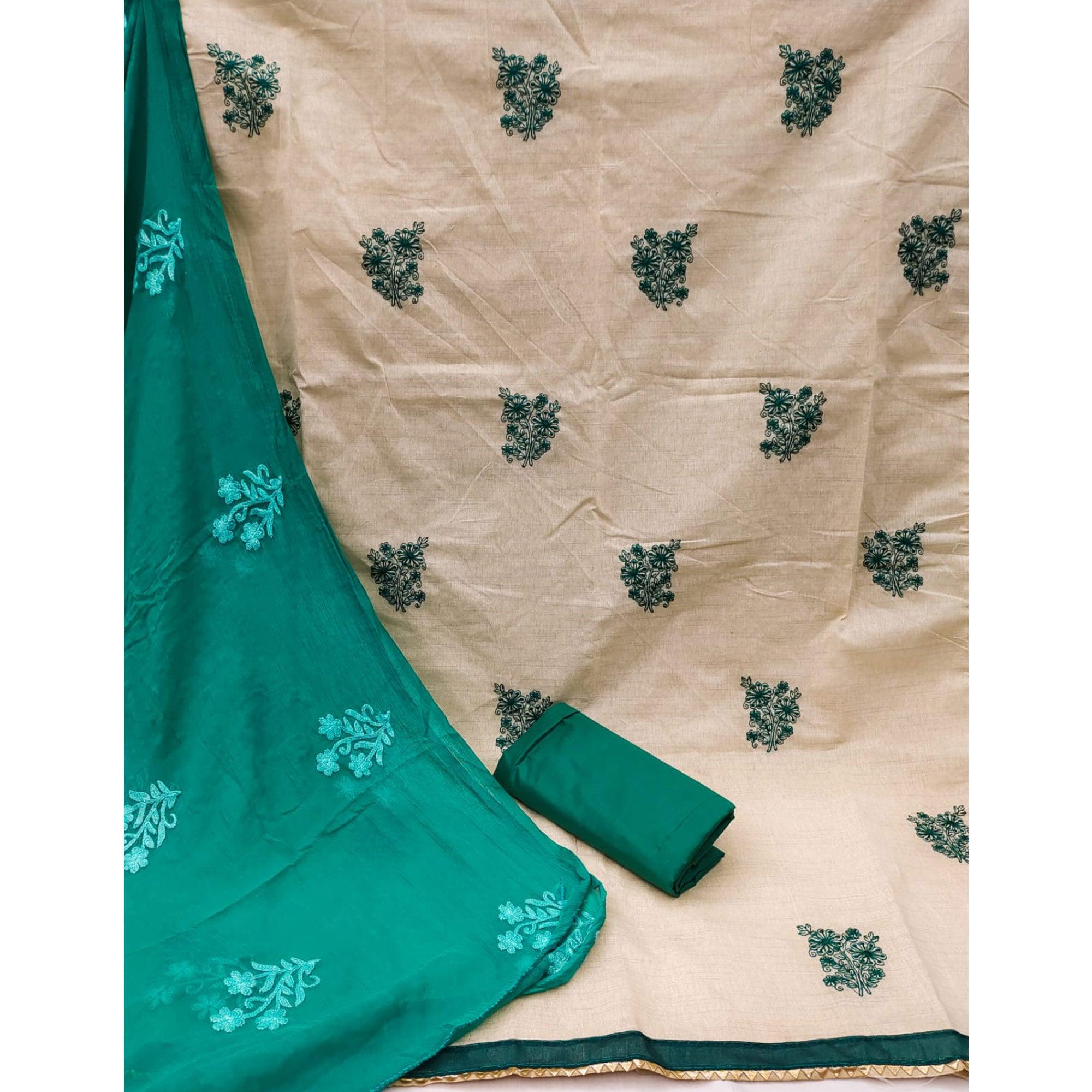 Cream Casual Wear Floral Embroidered Khadi Cotton Dress Material - Peachmode