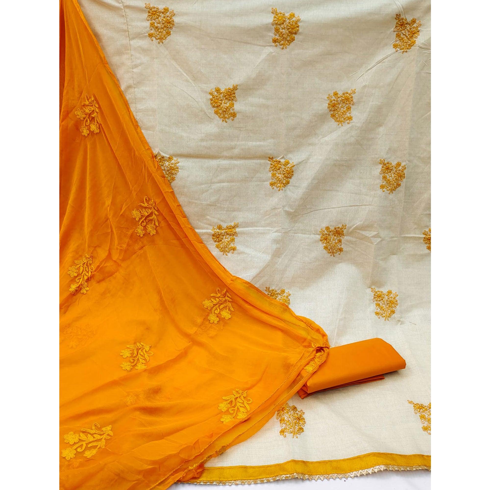 Cream Casual Wear Floral Embroidered Khadi Cotton Dress Material - Peachmode