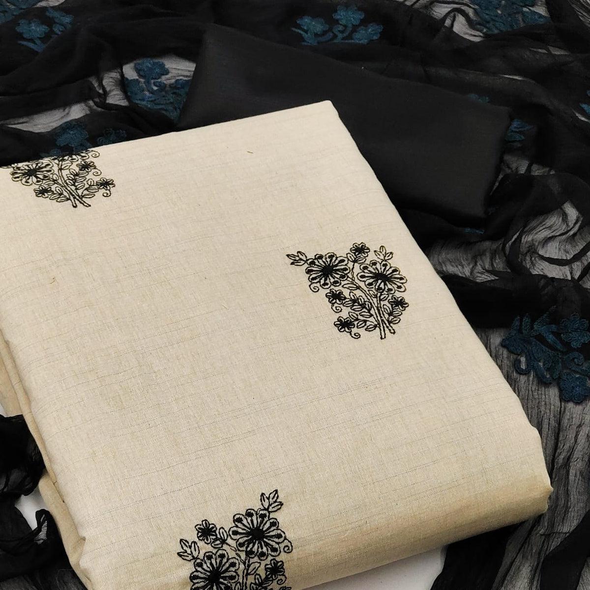 Cream Casual Wear Floral Embroidered Khadi Cotton Dress Material - Peachmode