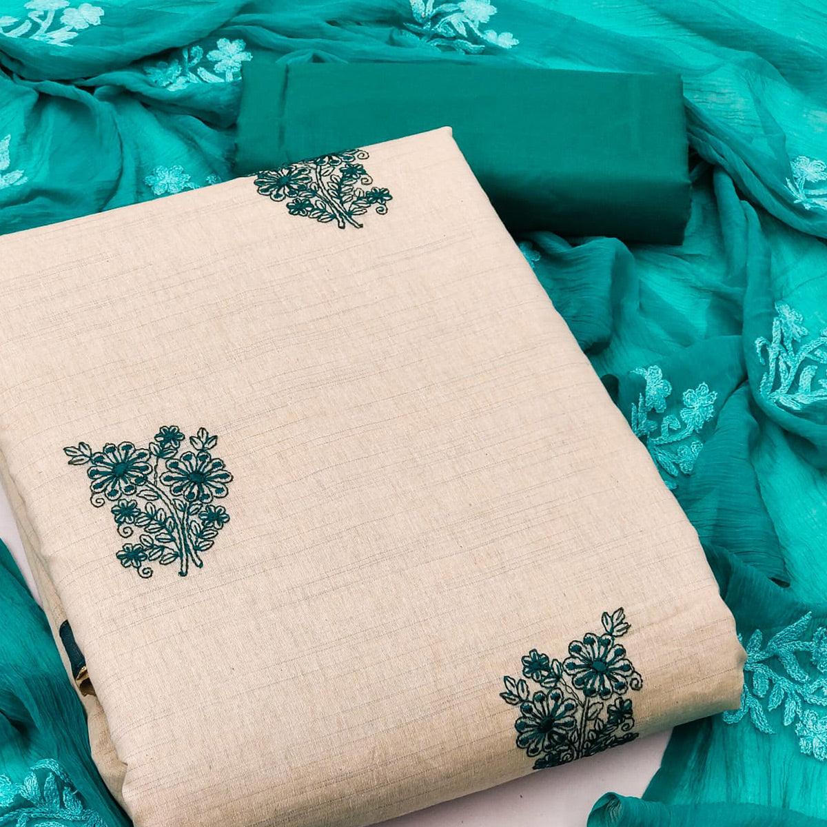 Cream Casual Wear Floral Embroidered Khadi Cotton Dress Material - Peachmode