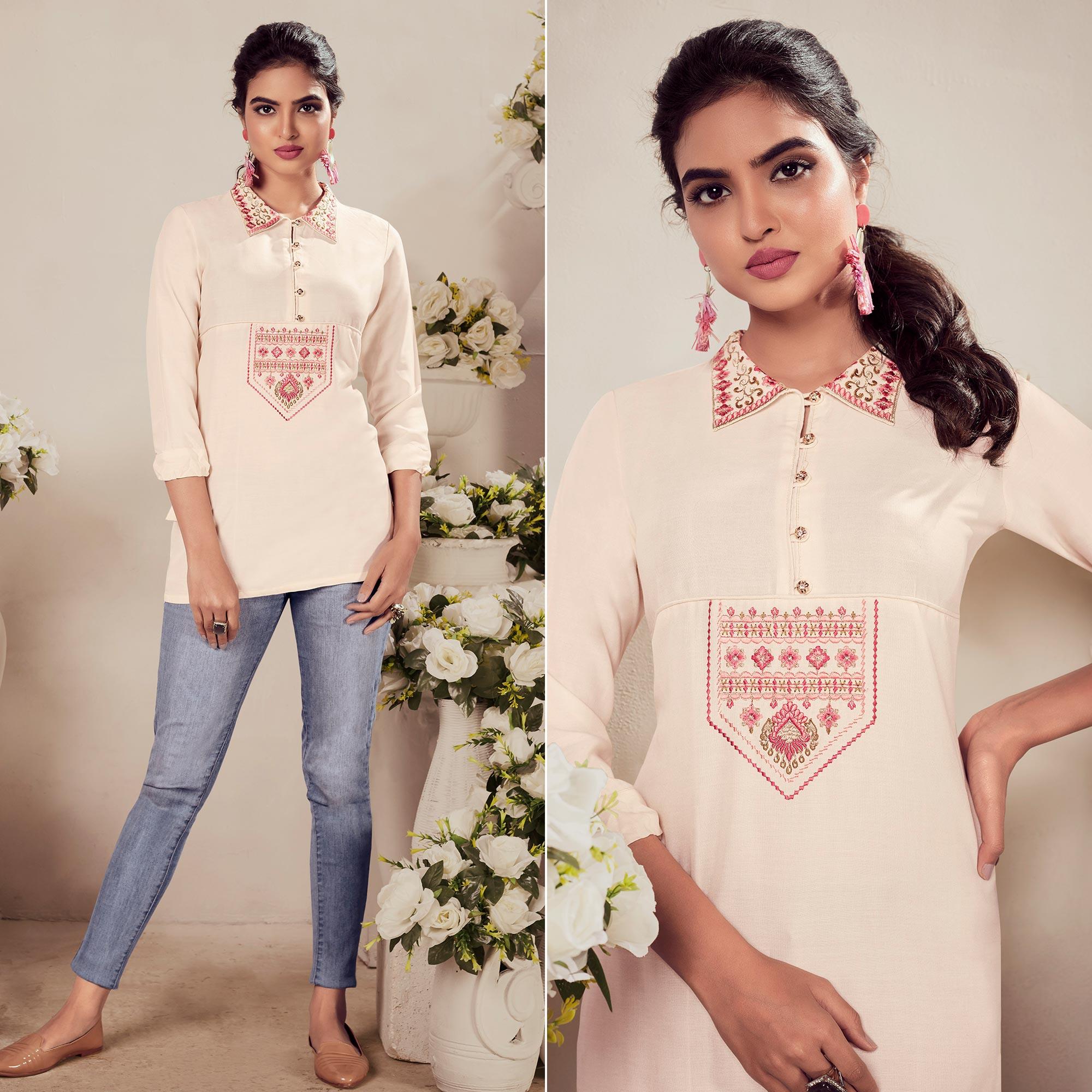 Cream Casual Wear Floral Embroidered Rayon Top - Peachmode