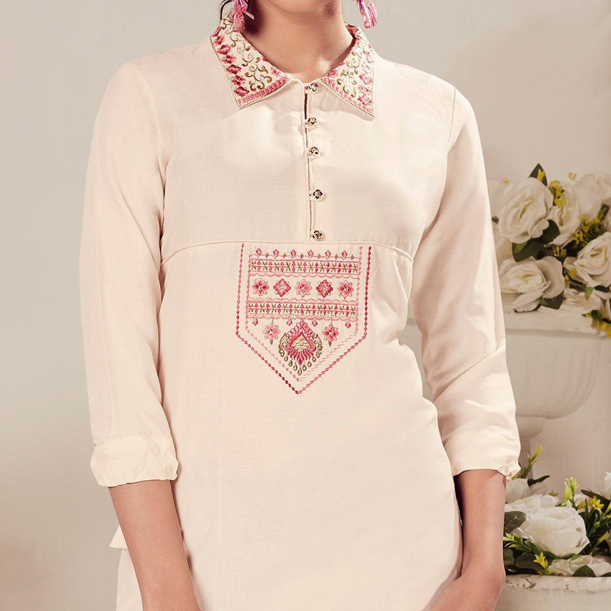 Cream Casual Wear Floral Embroidered Rayon Top - Peachmode