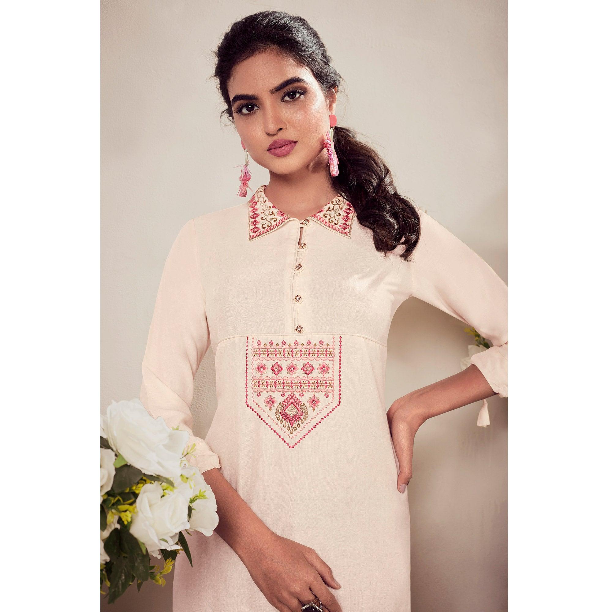 Cream Casual Wear Floral Embroidered Rayon Top - Peachmode