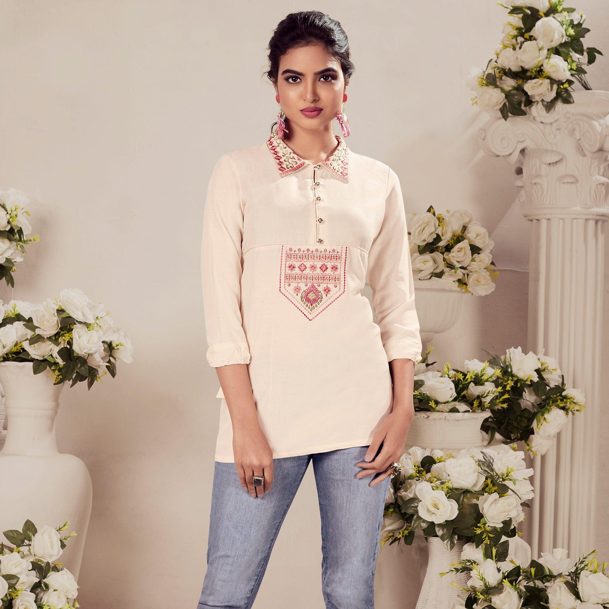 Cream Casual Wear Floral Embroidered Rayon Top - Peachmode