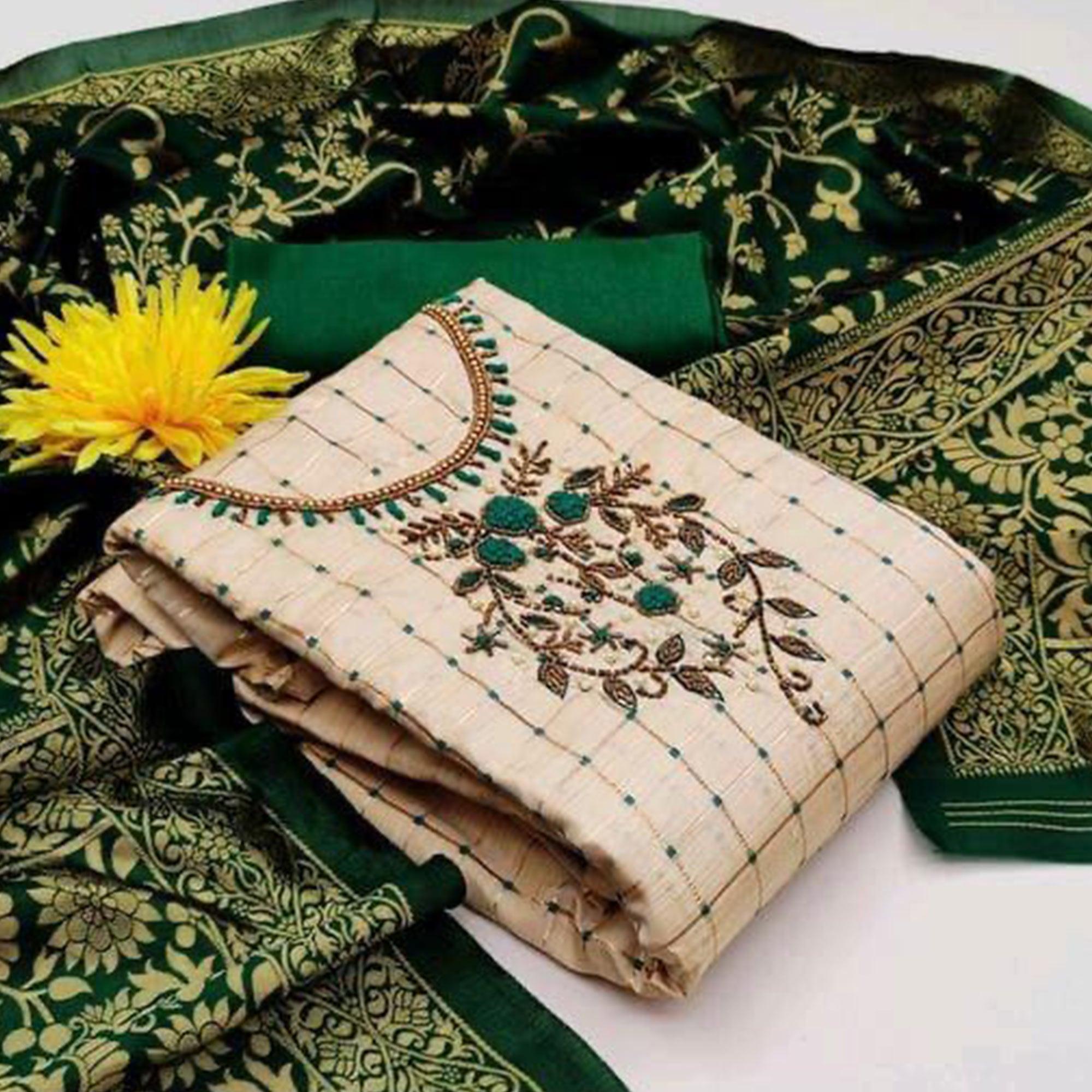 Cream Casual Wear Floral Embroidered With Checks Banarasi Silk Dress Material - Peachmode