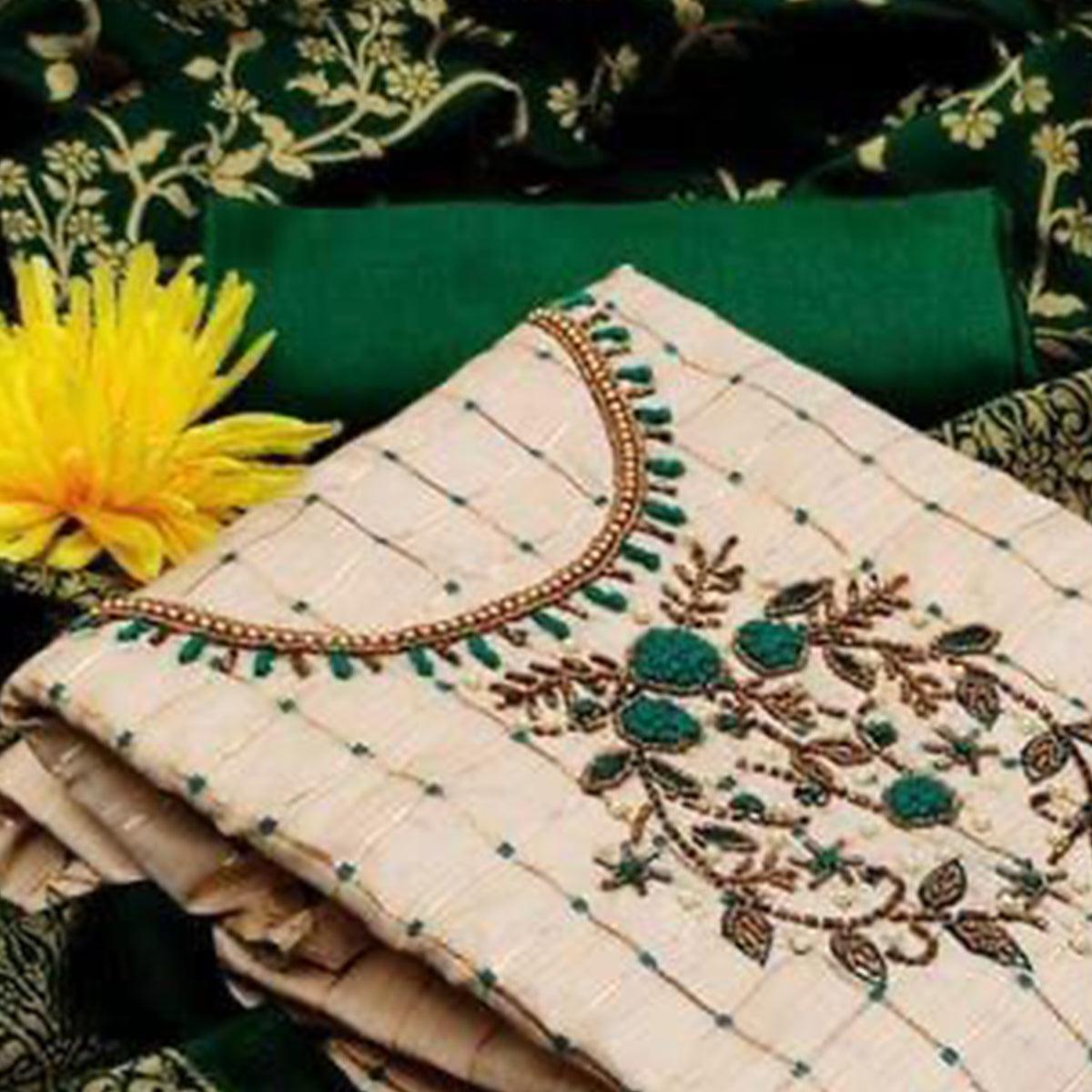 Cream Casual Wear Floral Embroidered With Checks Banarasi Silk Dress Material - Peachmode