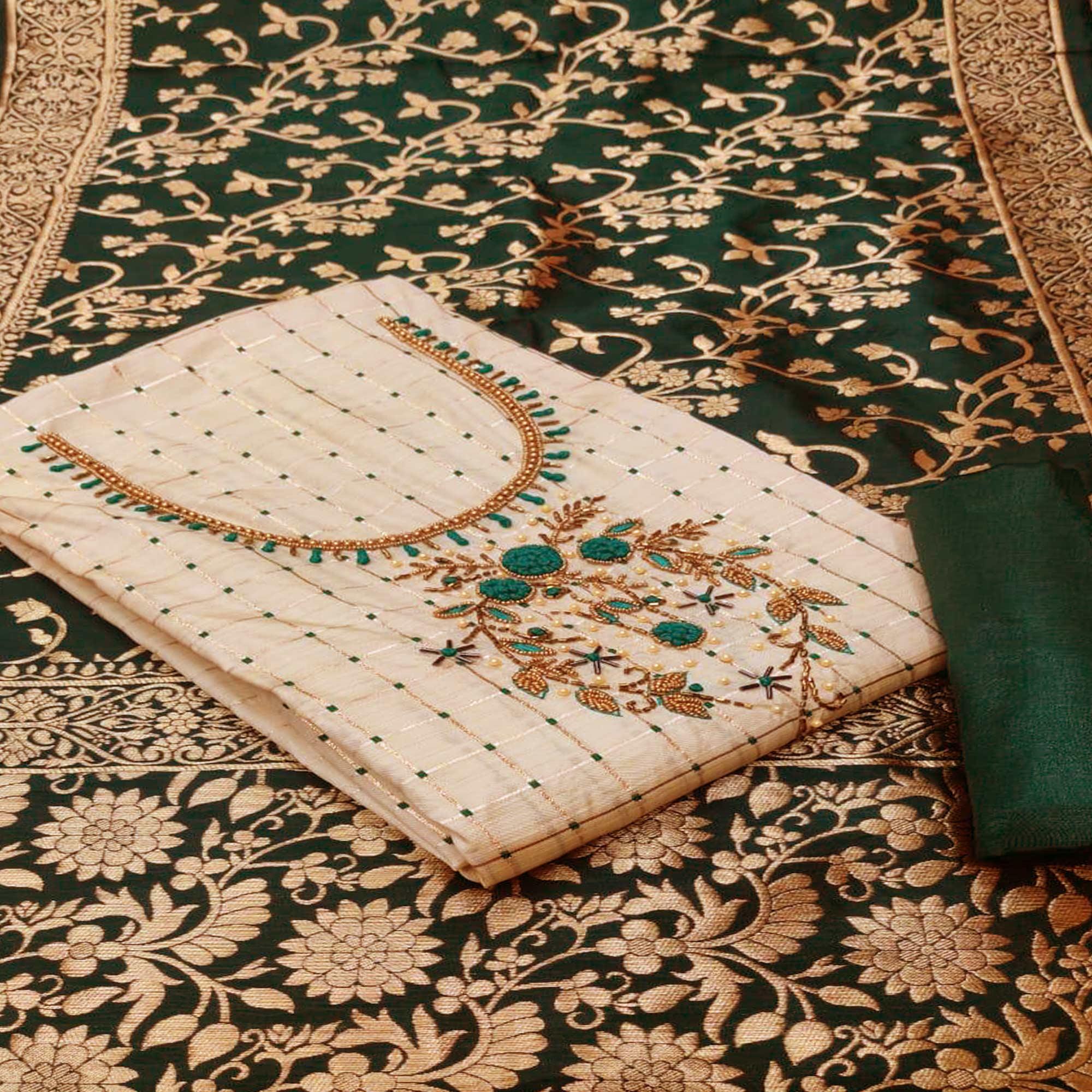Cream Casual Wear Floral Embroidered With Checks Banarasi Silk Dress Material - Peachmode