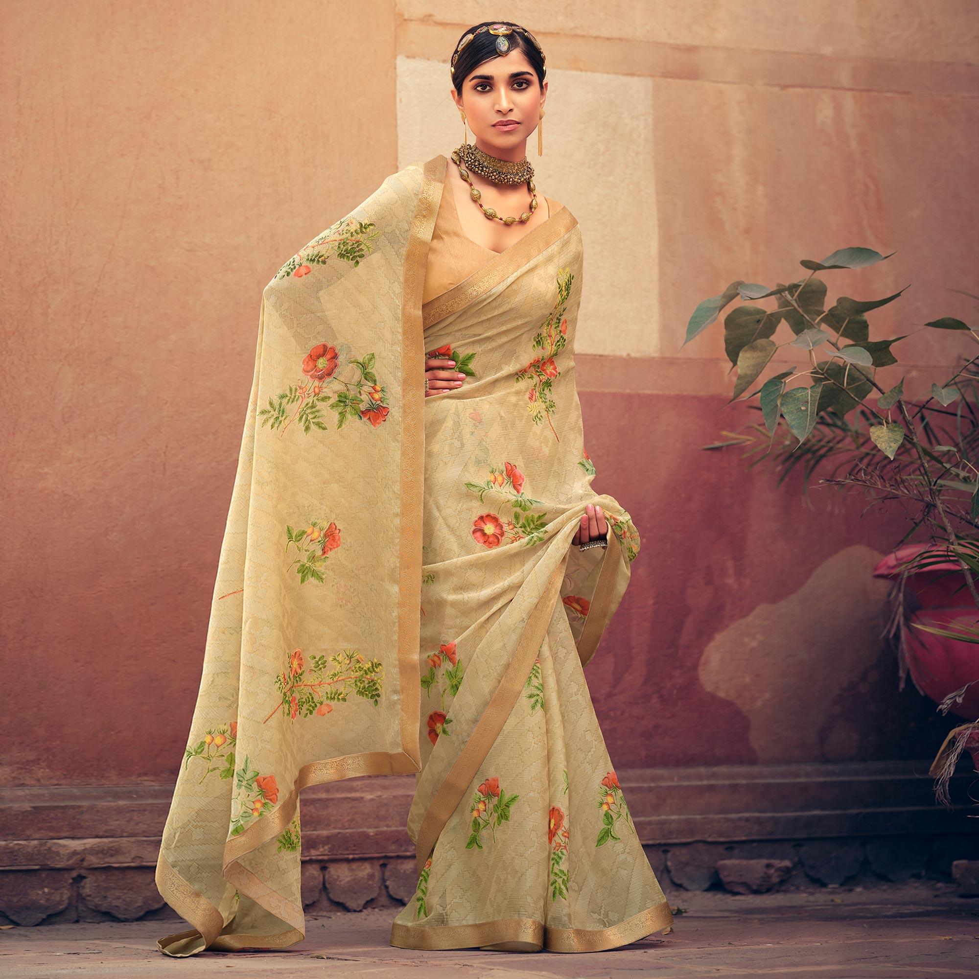 Cream Casual Wear Floral Printed Chiffon Saree With Fancy Lace - Peachmode