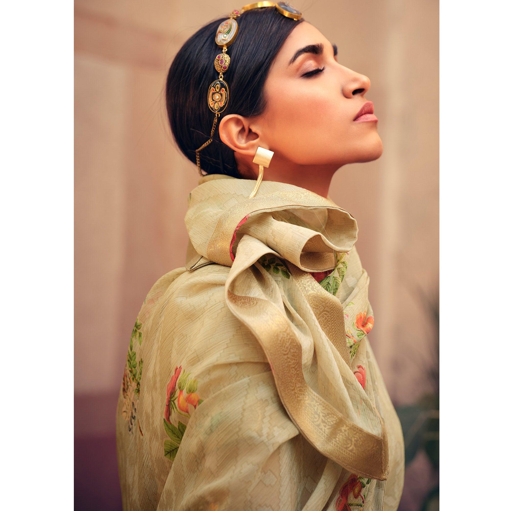Cream Casual Wear Floral Printed Chiffon Saree With Fancy Lace - Peachmode