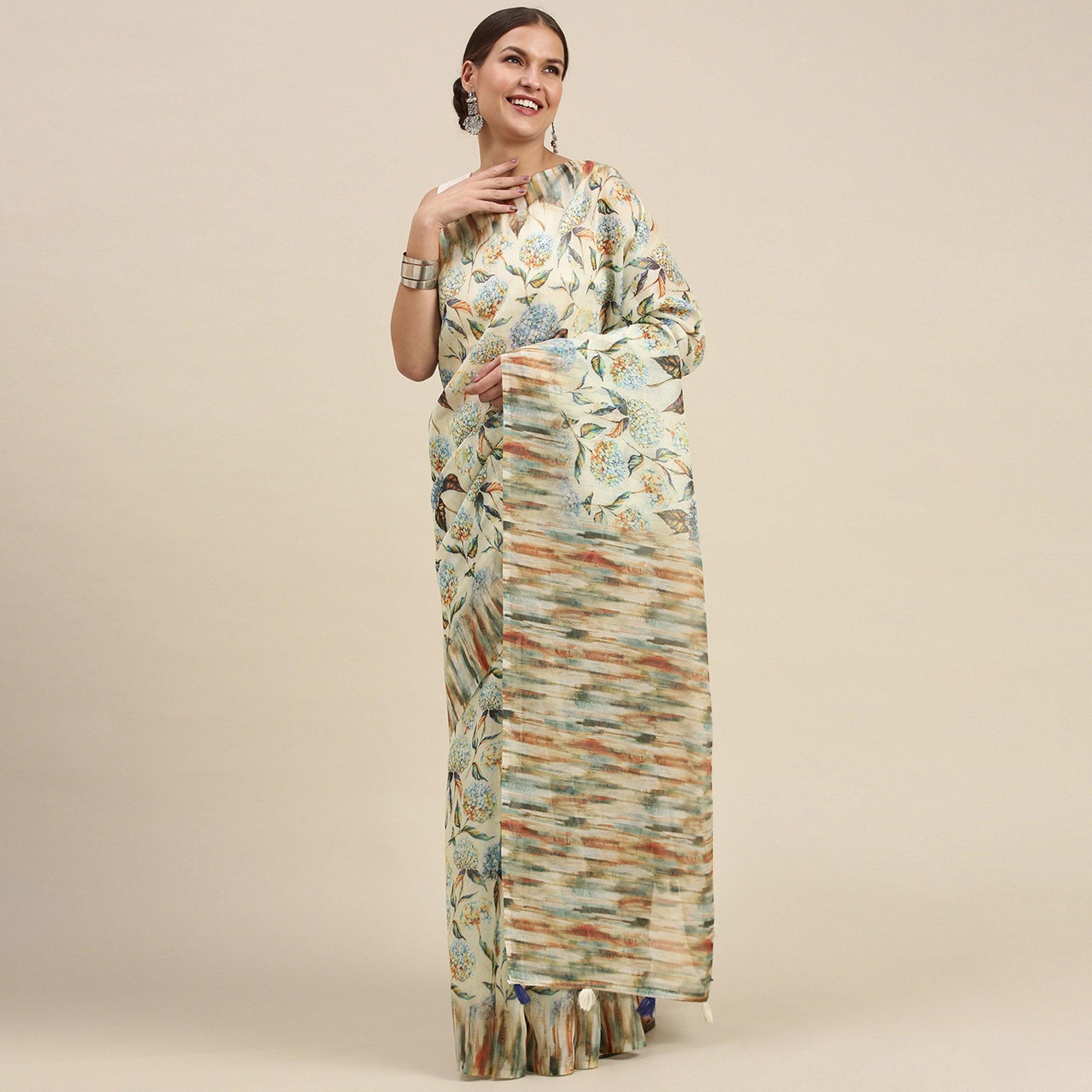 Cream Casual Wear Floral Printed Cotton Blend Saree With Tassels - Peachmode