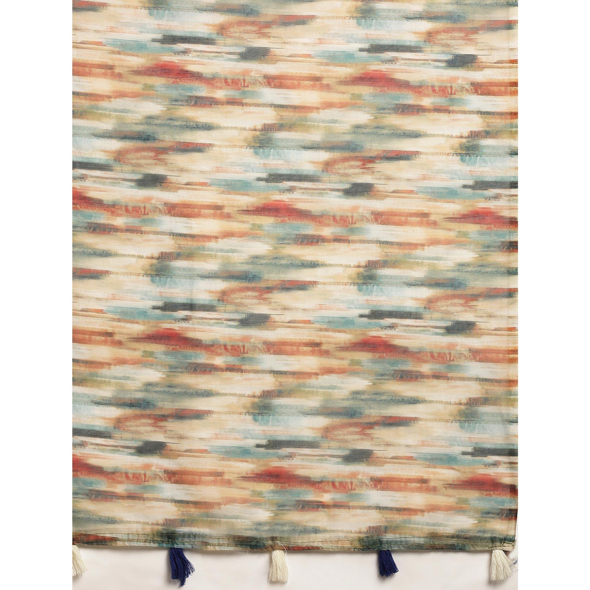 Cream Casual Wear Floral Printed Cotton Blend Saree With Tassels - Peachmode