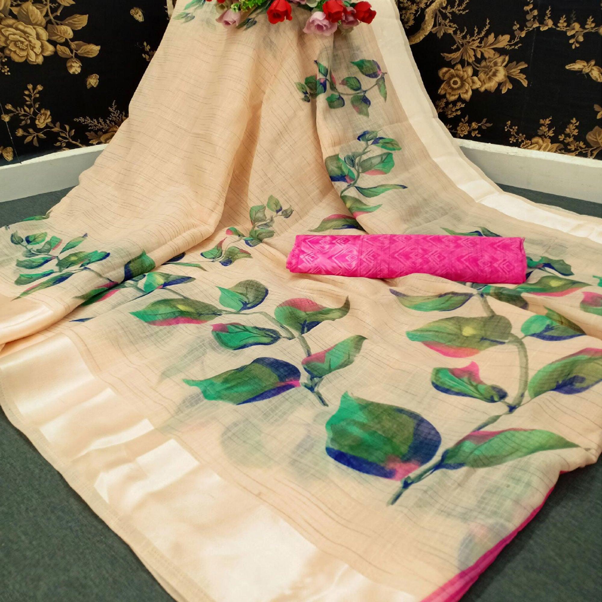 Cream Casual Wear Floral Printed Fancy Linen Slub Saree - Peachmode