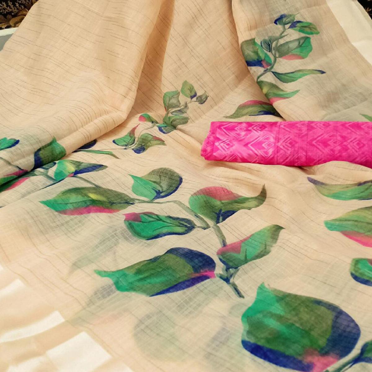 Cream Casual Wear Floral Printed Fancy Linen Slub Saree - Peachmode