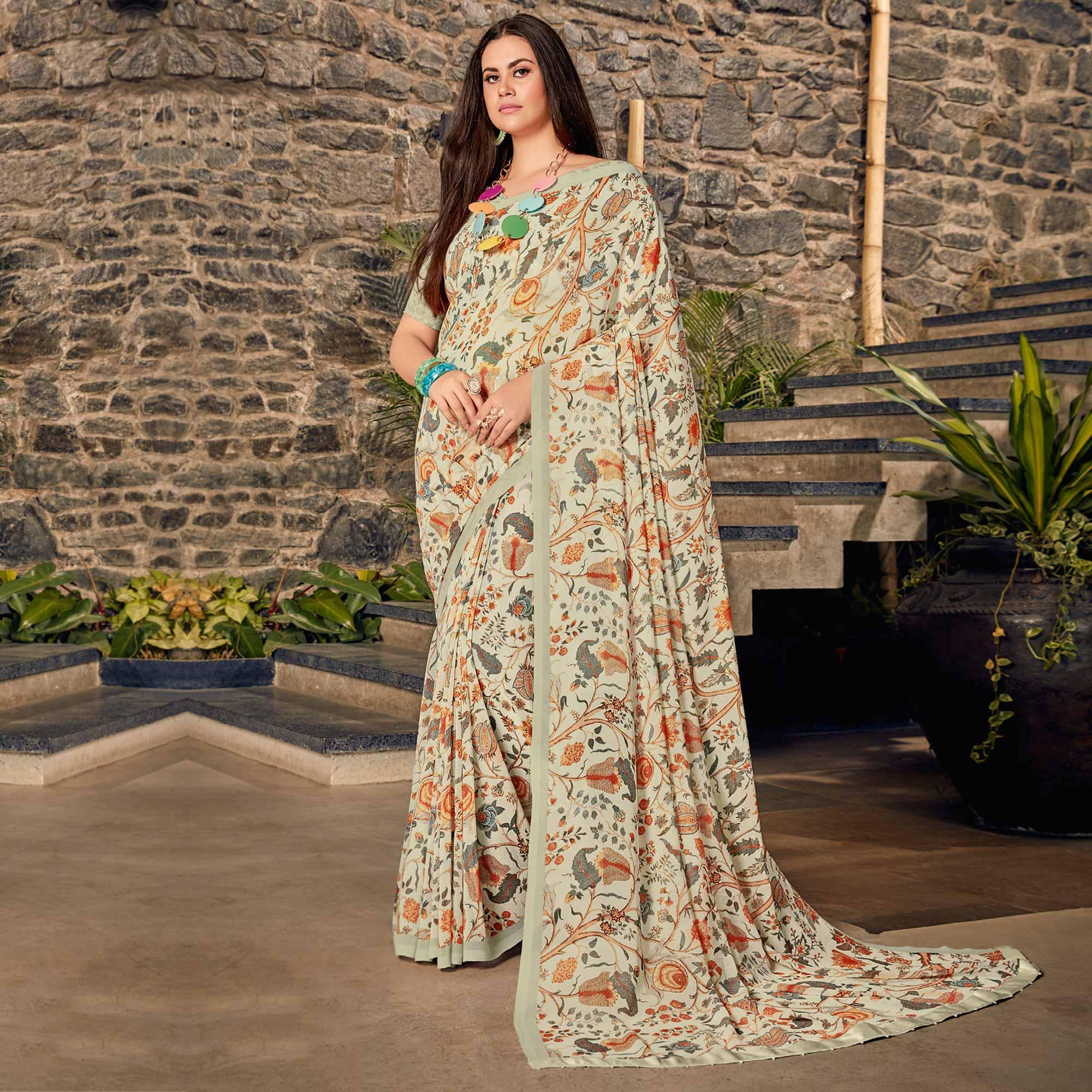 Cream Casual Wear Floral Printed Georgette Saree - Peachmode