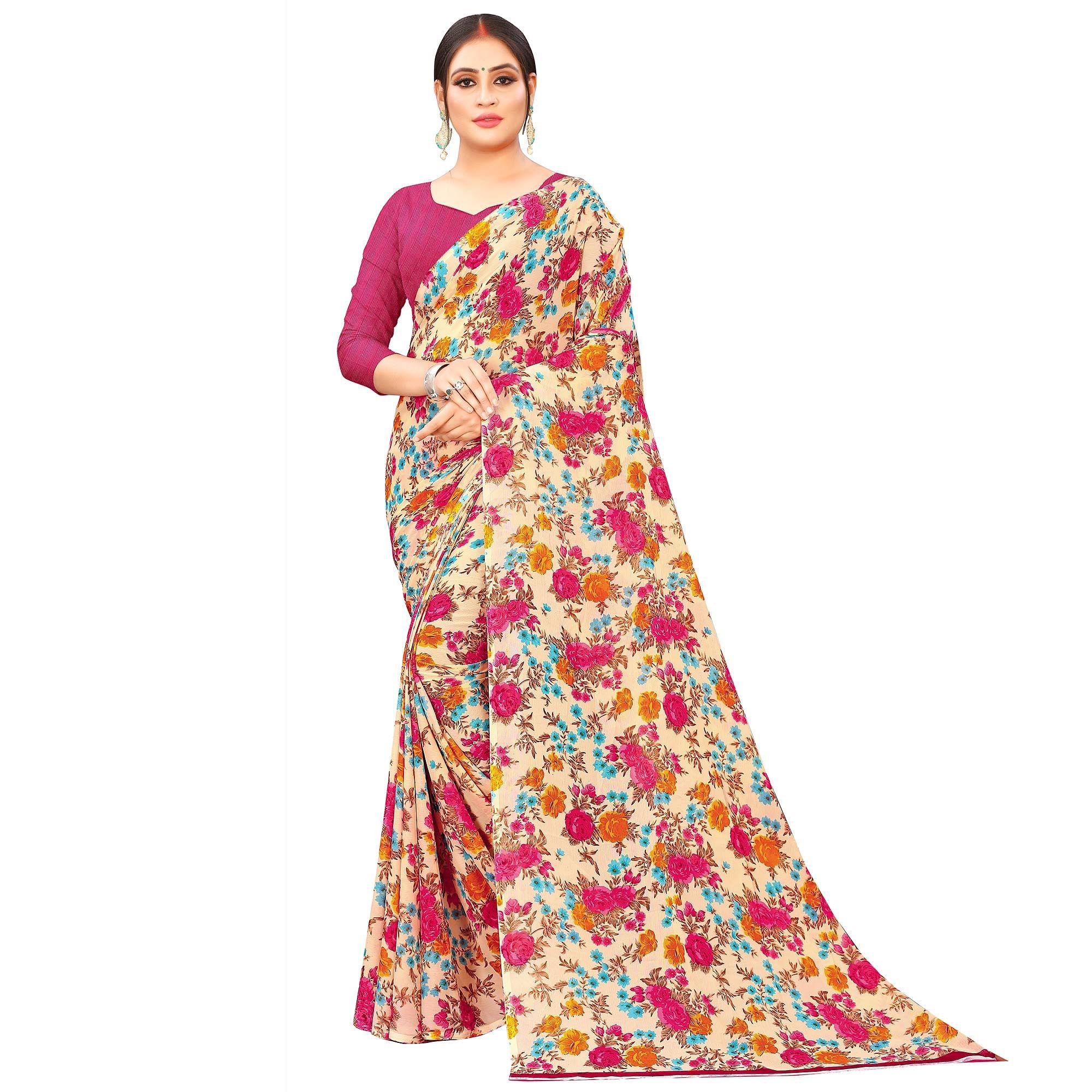 Cream Casual Wear Floral Printed Georgette Saree - Peachmode