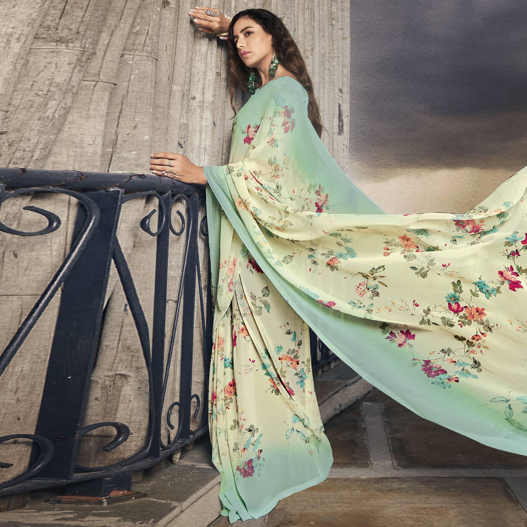 Cream Casual Wear Floral Printed Georgette Saree - Peachmode