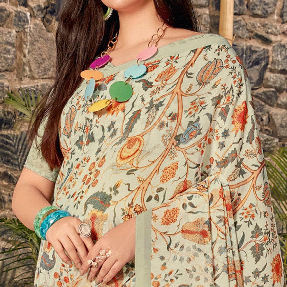 Cream Casual Wear Floral Printed Georgette Saree - Peachmode