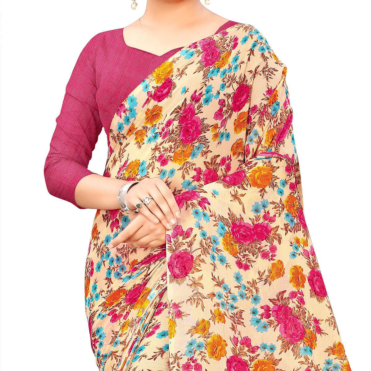 Cream Casual Wear Floral Printed Georgette Saree - Peachmode