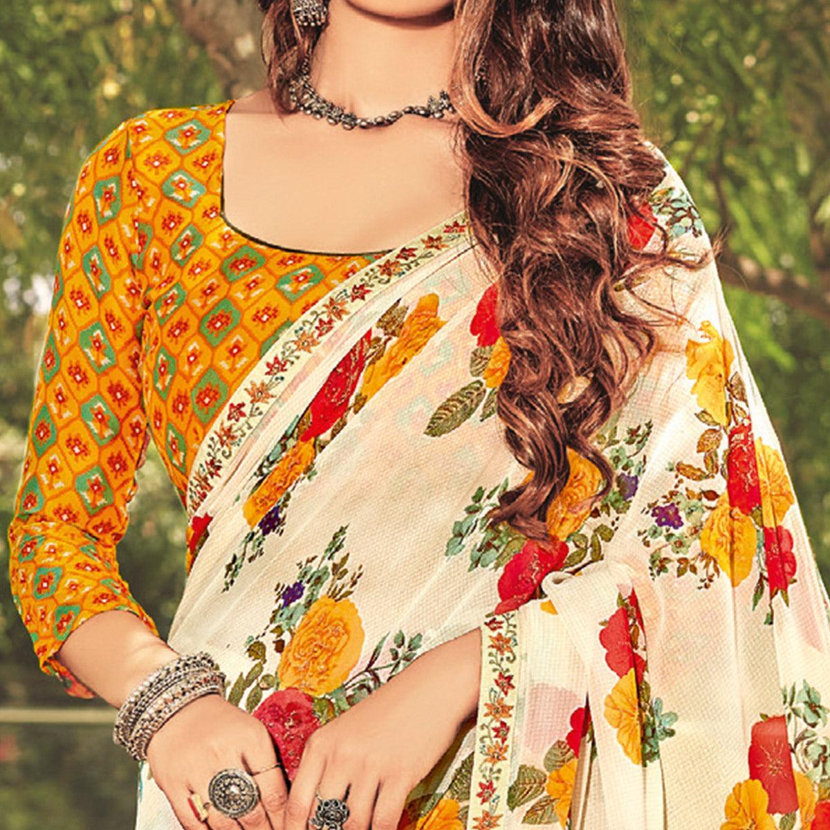 Cream Casual Wear Floral Printed Georgette Saree - Peachmode