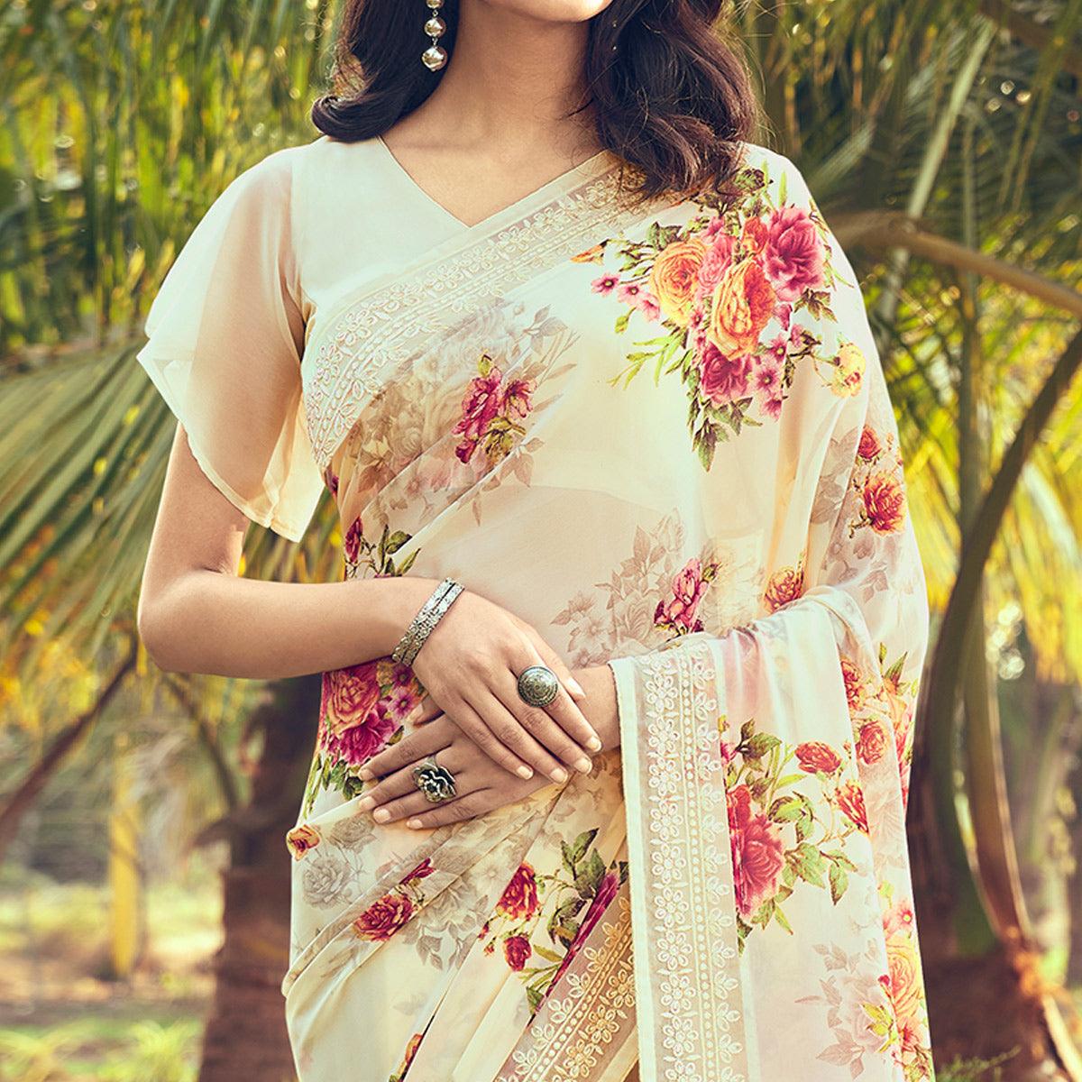 Cream Casual Wear Floral Printed Georgette Saree - Peachmode