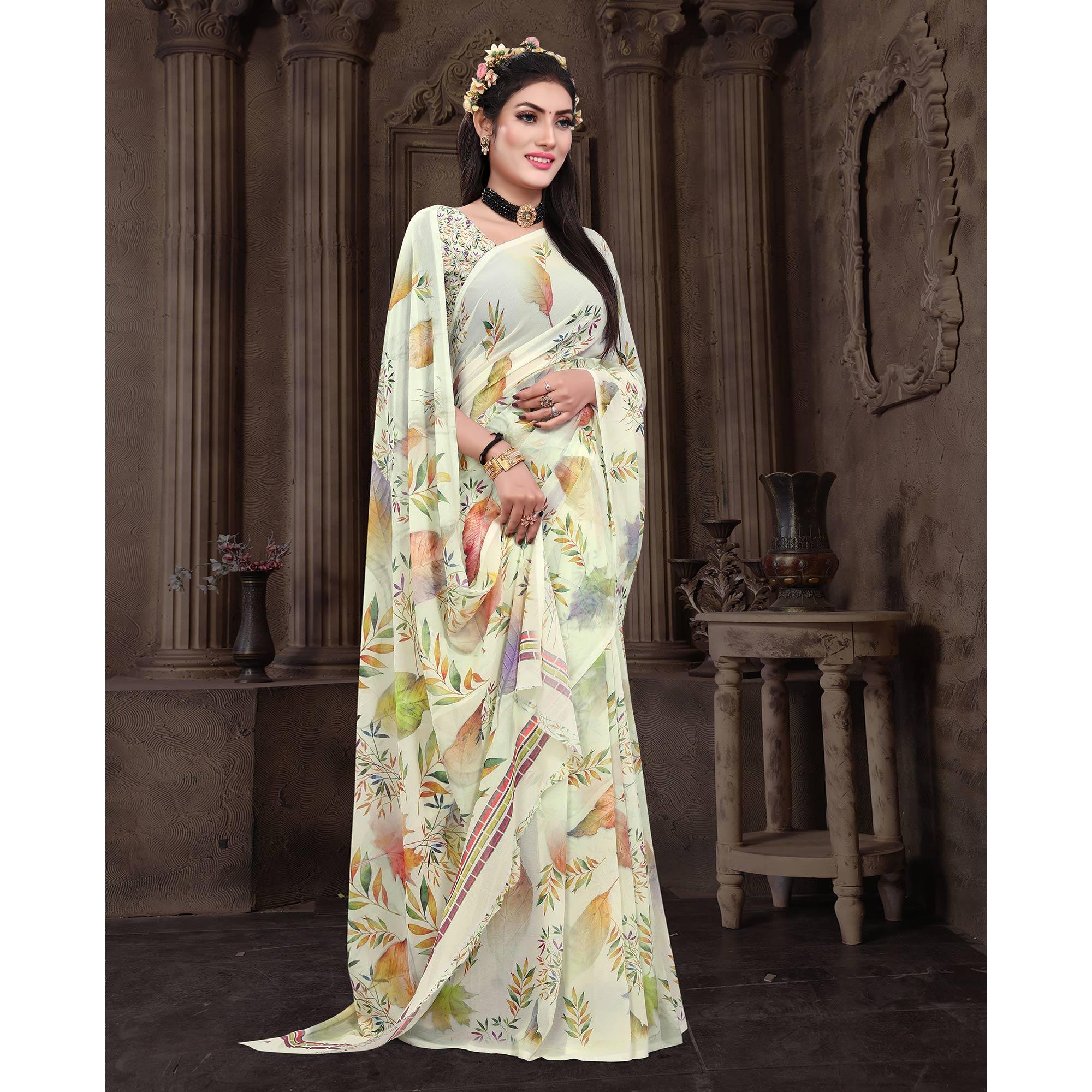 Cream Casual Wear Floral Printed Georgette Saree - Peachmode
